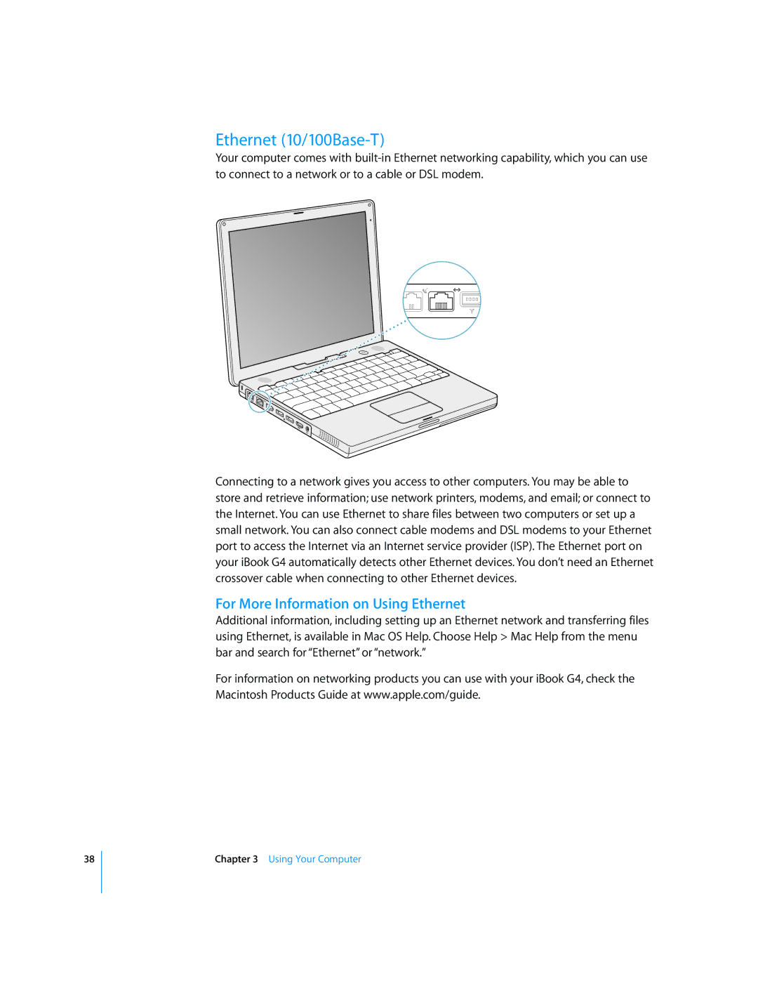 Apple iBook G4 manual Ethernet 10/100Base-T, For More Information on Using Ethernet 