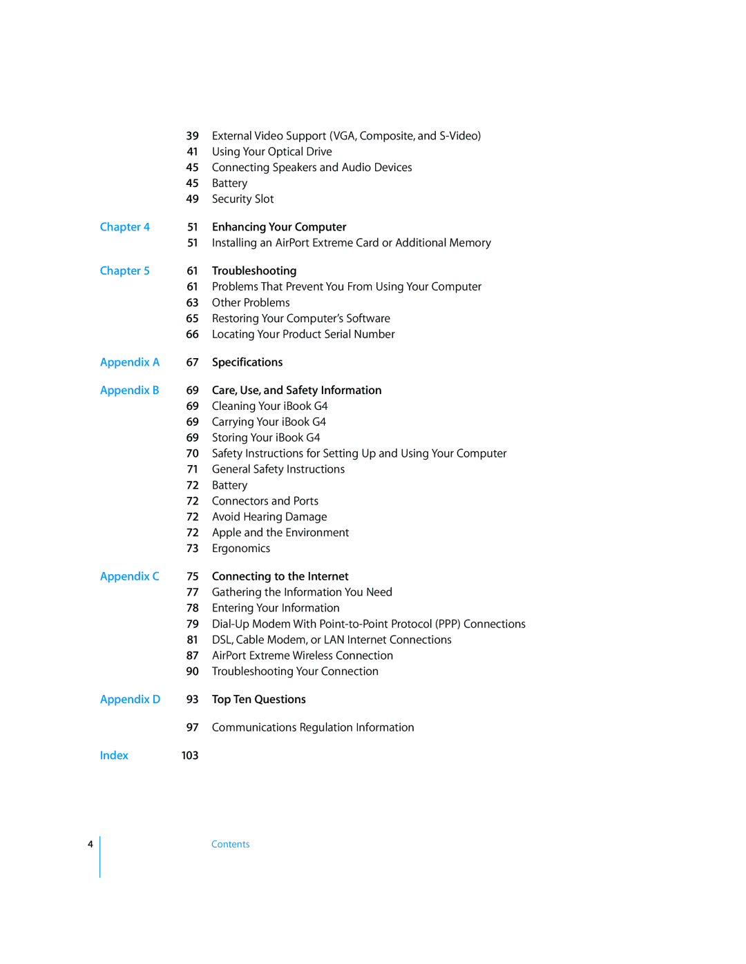 Apple iBook G4 manual Appendix a, Appendix B, Appendix C, Appendix D, Index 