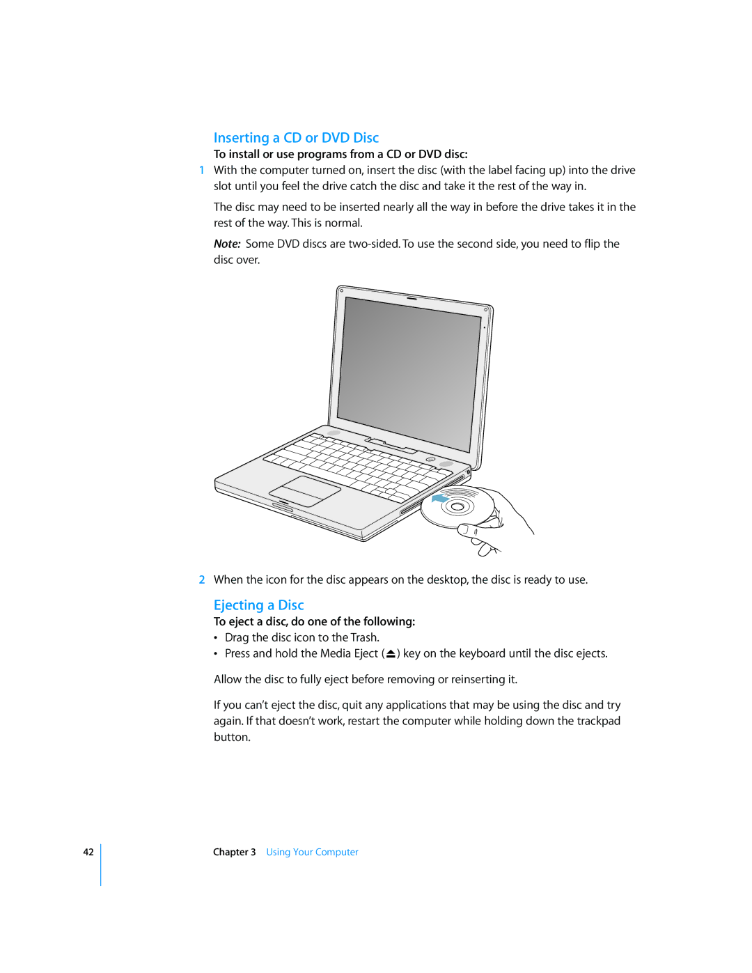 Apple iBook G4 manual Inserting a CD or DVD Disc, Ejecting a Disc, To install or use programs from a CD or DVD disc 