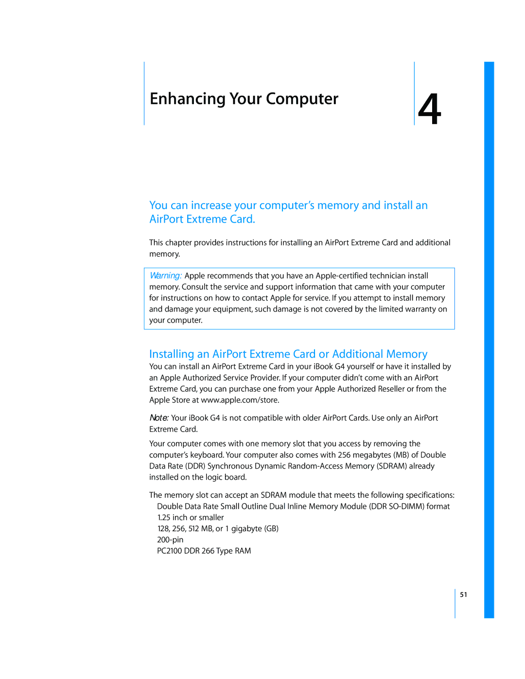 Apple iBook G4 manual Enhancing Your Computer, Installing an AirPort Extreme Card or Additional Memory 