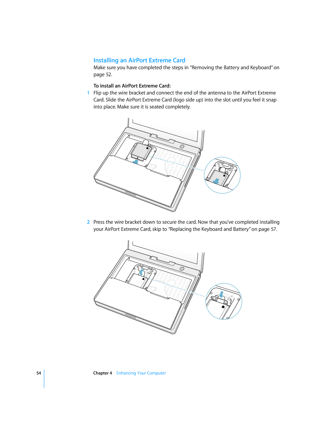 Apple iBook G4 manual Installing an AirPort Extreme Card, To install an AirPort Extreme Card 