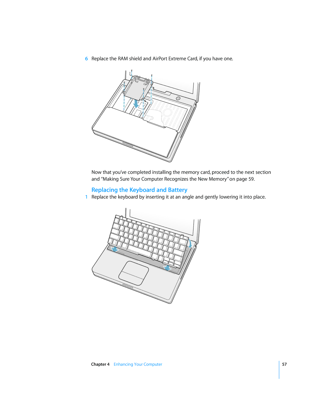 Apple iBook G4 manual Replacing the Keyboard and Battery 