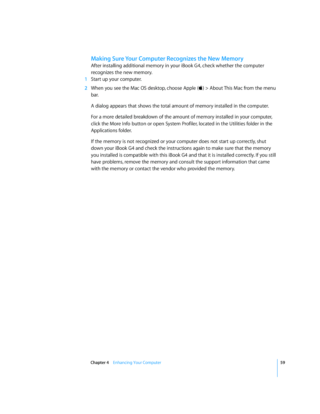 Apple iBook G4 manual Making Sure Your Computer Recognizes the New Memory 