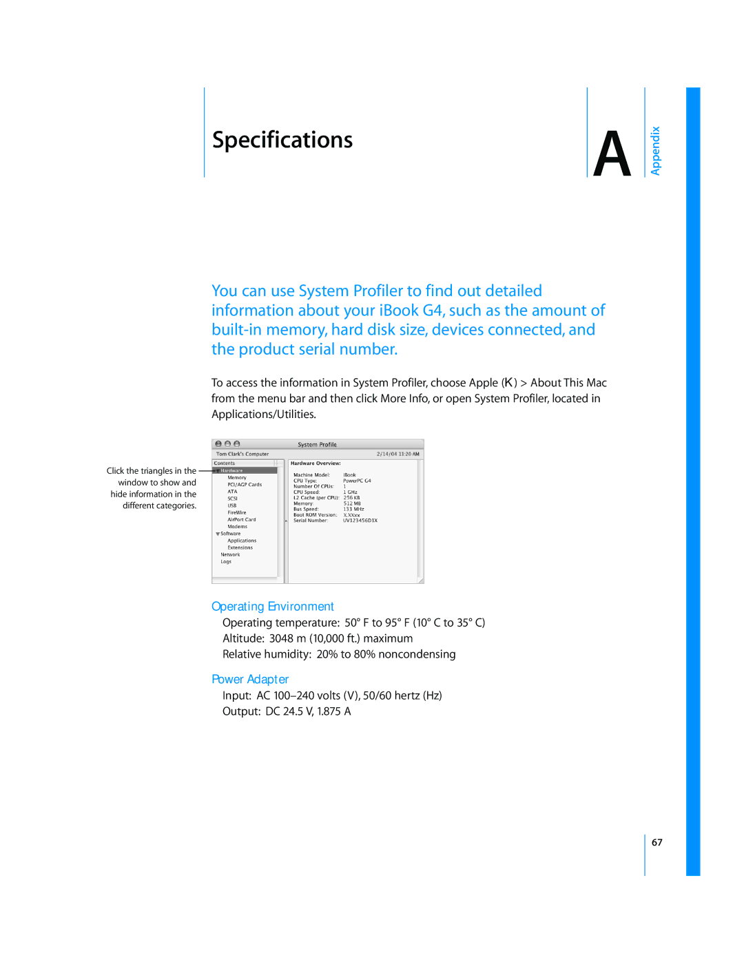 Apple iBook G4 manual Operating Environment, Power Adapter 