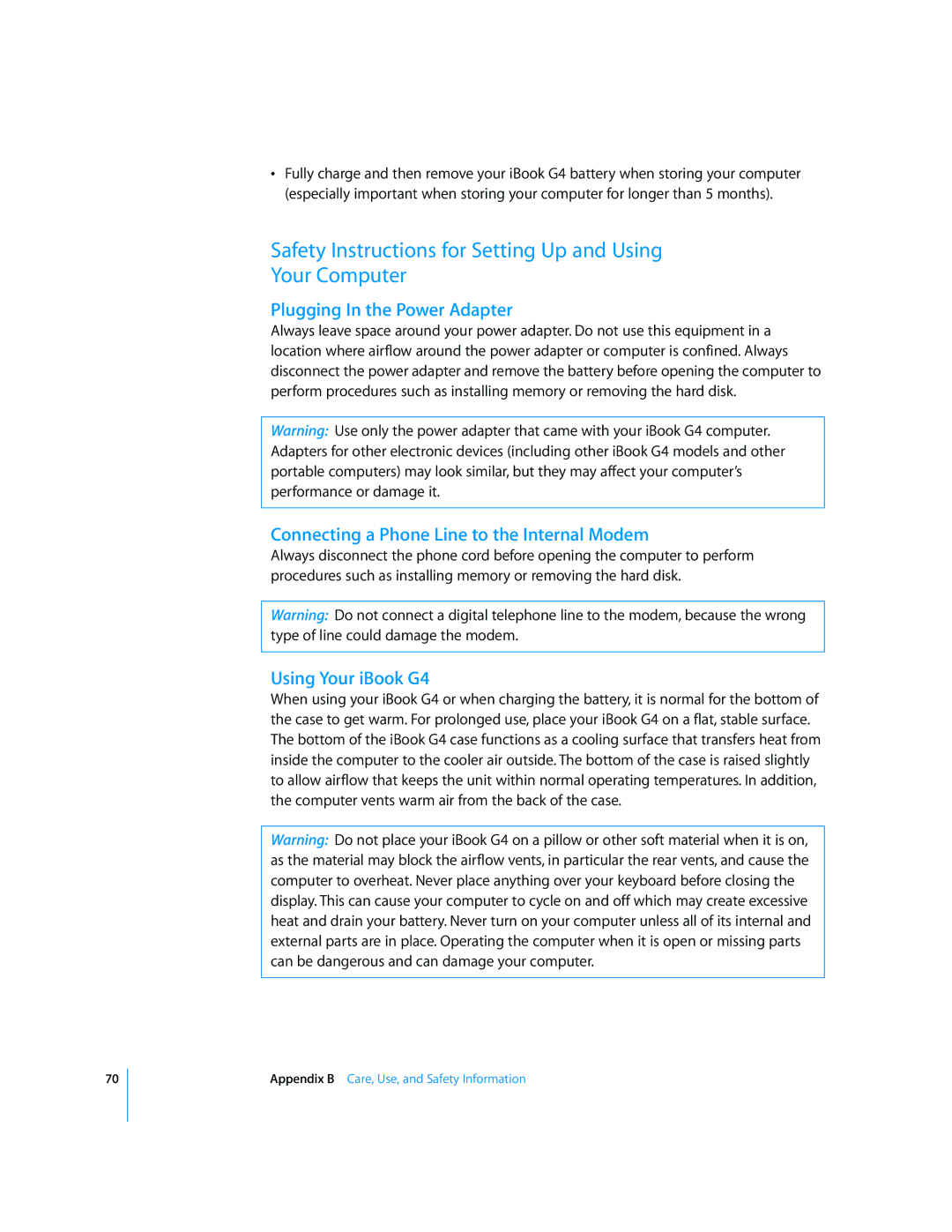 Apple iBook G4 manual Safety Instructions for Setting Up and Using Your Computer, Plugging In the Power Adapter 