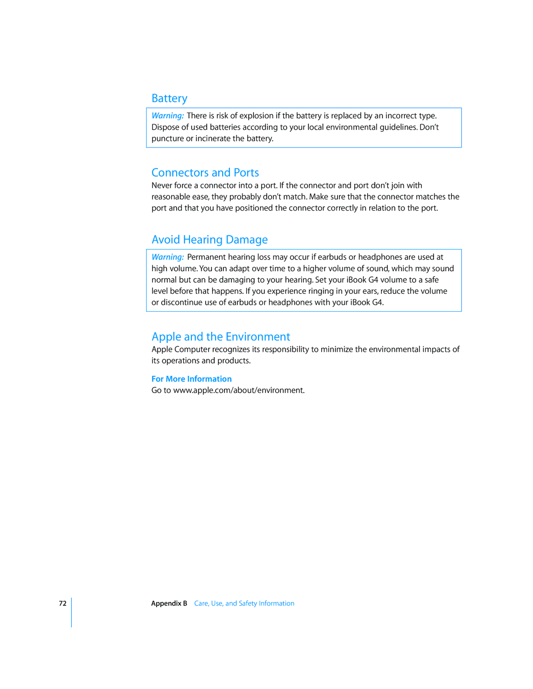 Apple iBook G4 manual Battery Connectors and Ports, Avoid Hearing Damage Apple and the Environment, For More Information 
