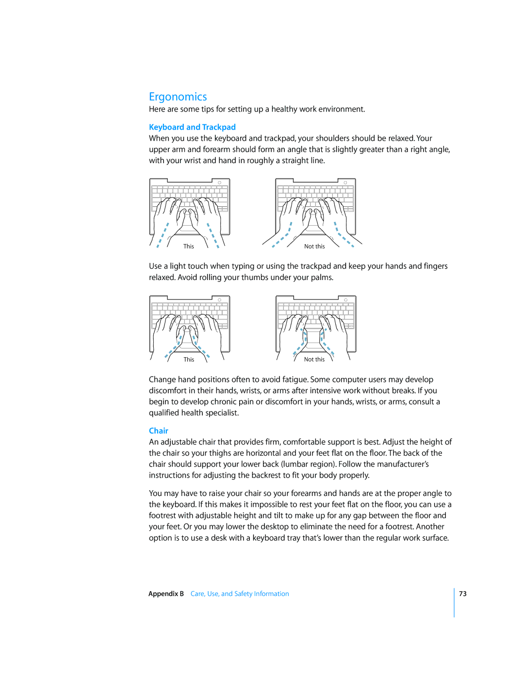 Apple iBook G4 manual Ergonomics, Keyboard and Trackpad, Chair 