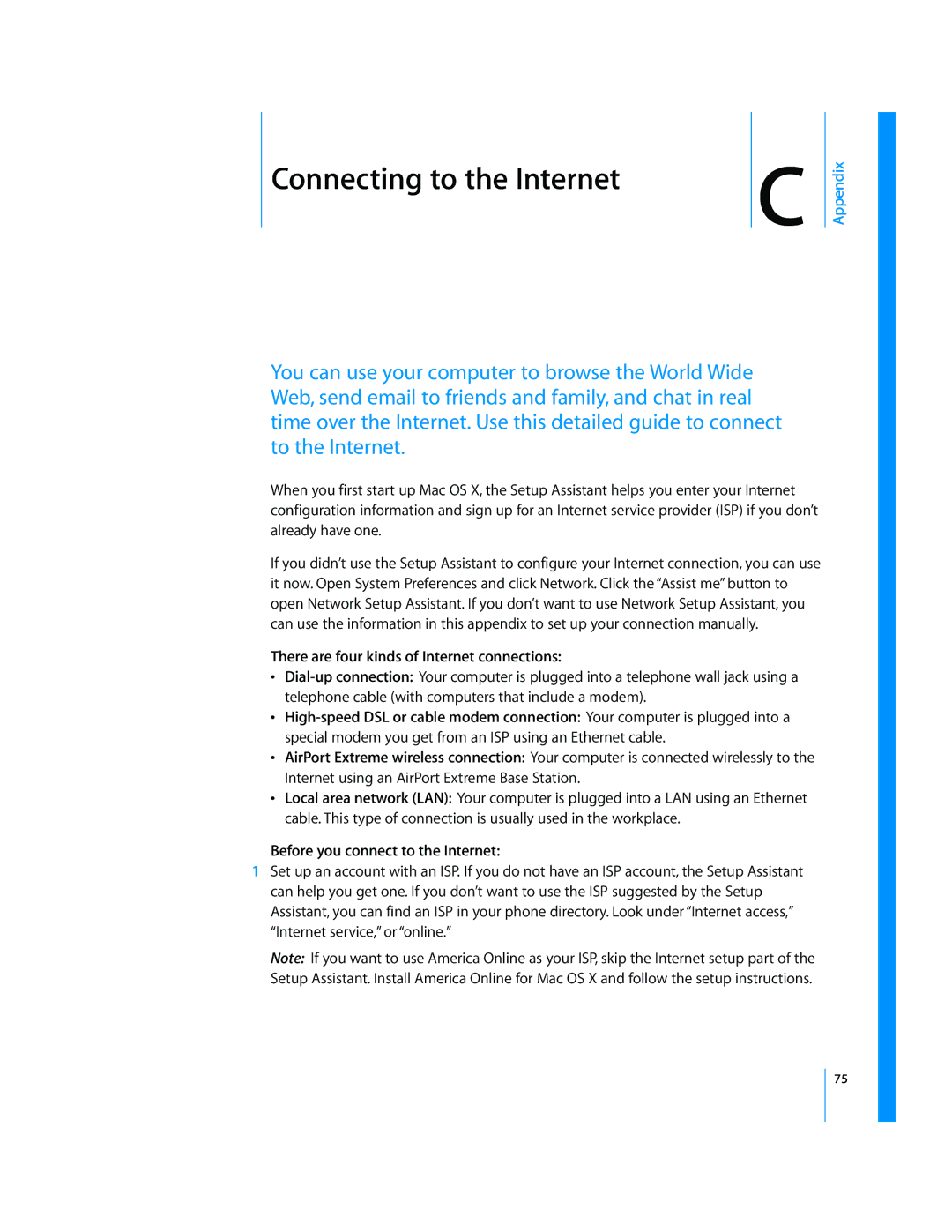 Apple iBook G4 manual There are four kinds of Internet connections, Before you connect to the Internet 