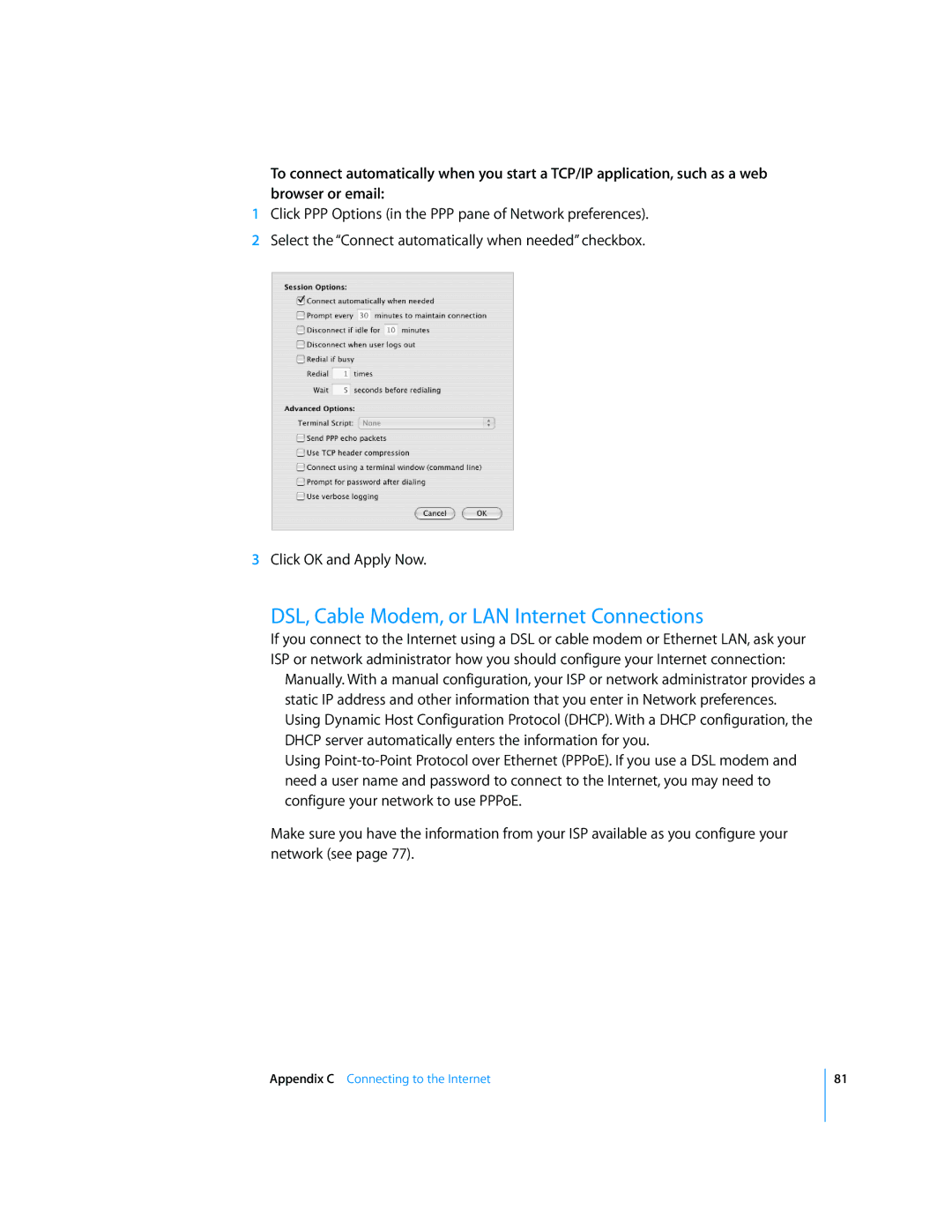 Apple iBook G4 manual DSL, Cable Modem, or LAN Internet Connections 