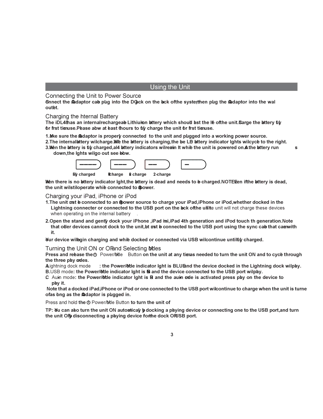 Apple iDL48 manual Using the Unit, Connecting the Unit to Power Source, Charging the Internal Battery 