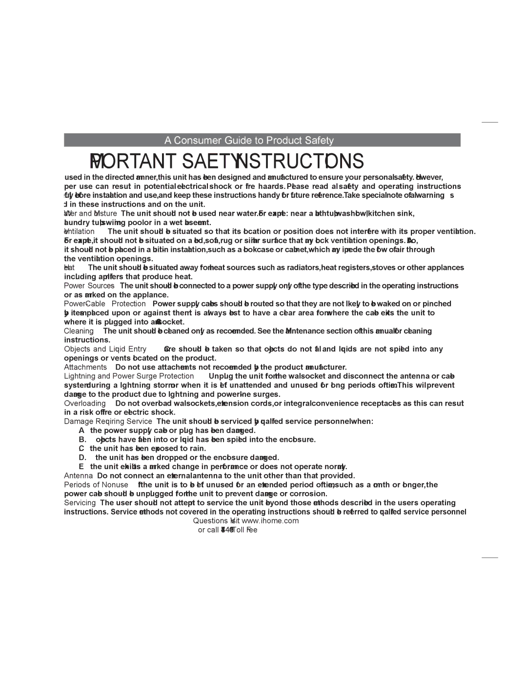 Apple iDL48 manual Important Safety Instructions, Consumer Guide to Product Safety 