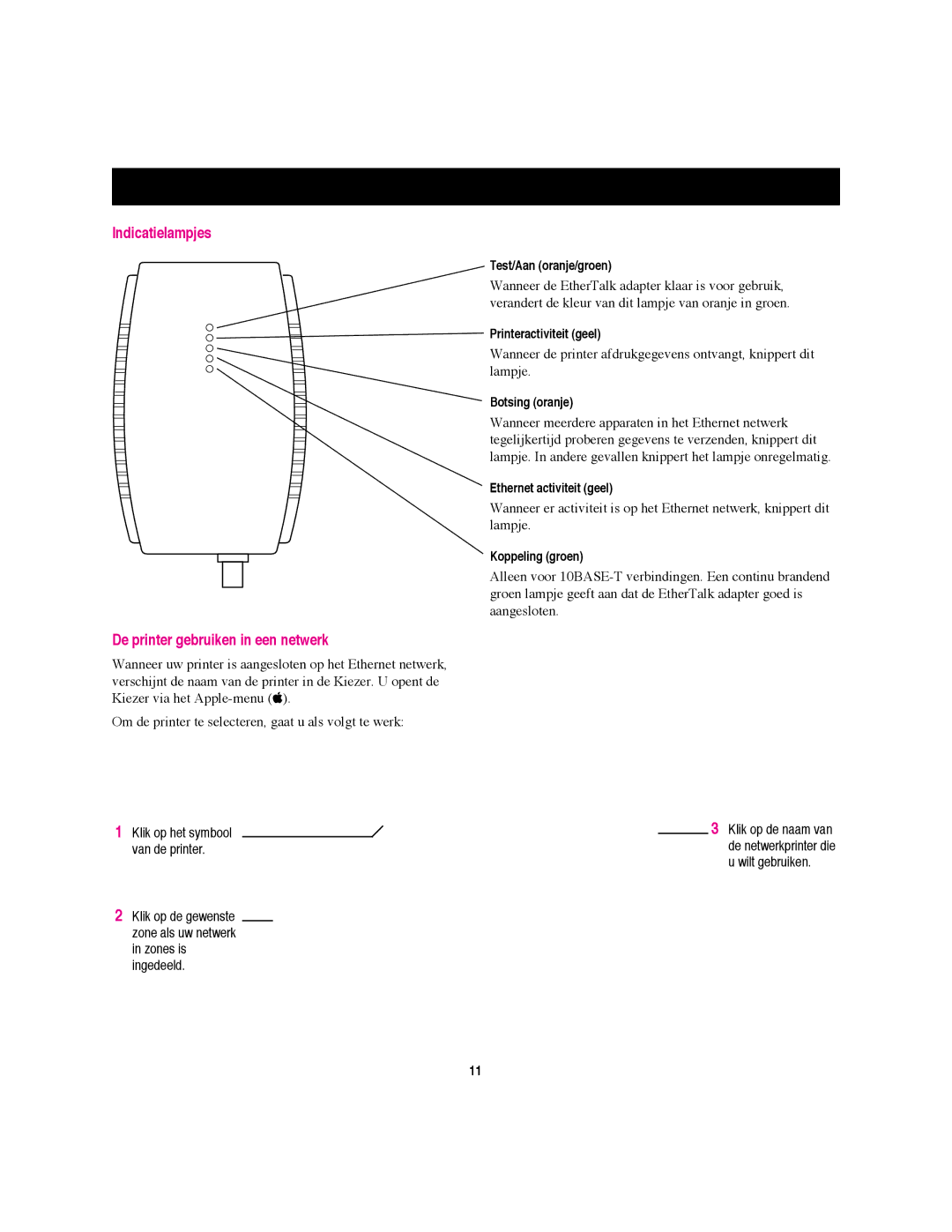 Apple II, EtherTalk Adapter manual Indicatielampjes De printer gebruiken in een netwerk, Klik op het symbool van de printer 