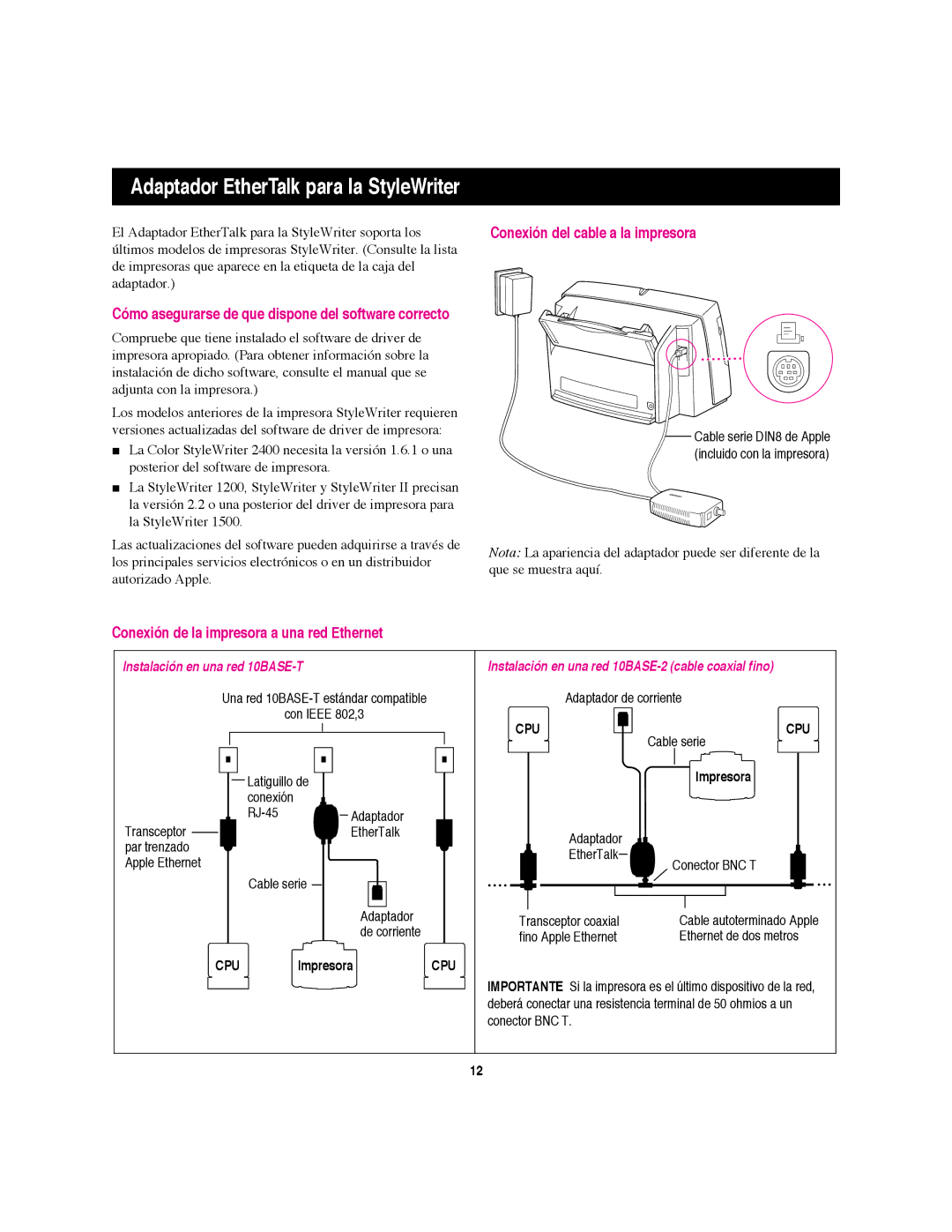 Apple EtherTalk Adapter, II, ZM030-8907-A Conexión del cable a la impresora, Conexión de la impresora a una red Ethernet 