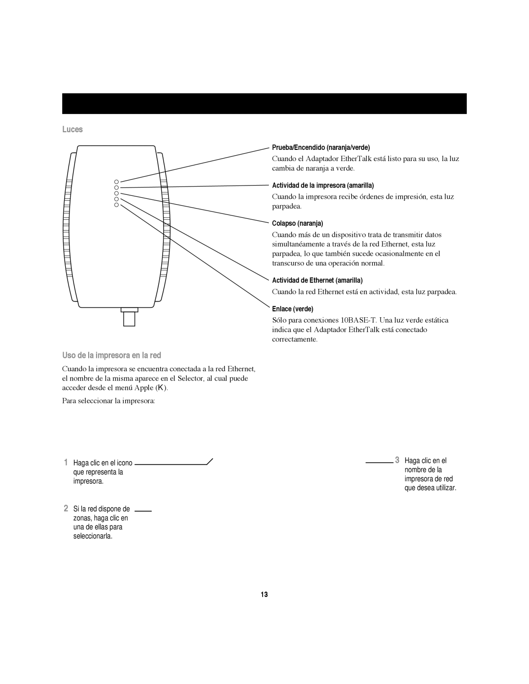 Apple ZM030-8907-A, II, EtherTalk Adapter manual Luces Uso de la impresora en la red, Impresora 