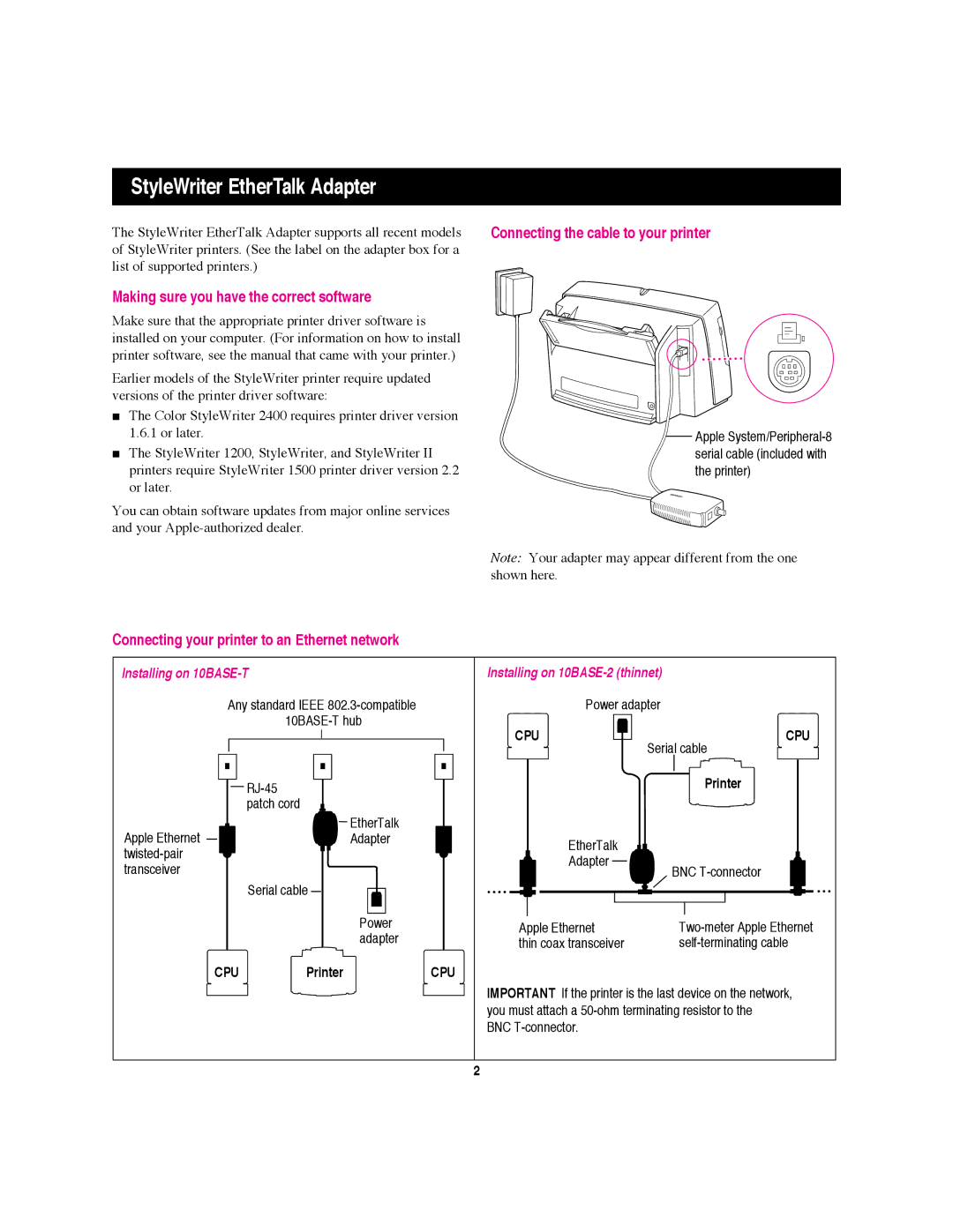 Apple II StyleWriter EtherTalk Adapter, Making sure you have the correct software, Connecting the cable to your printer 