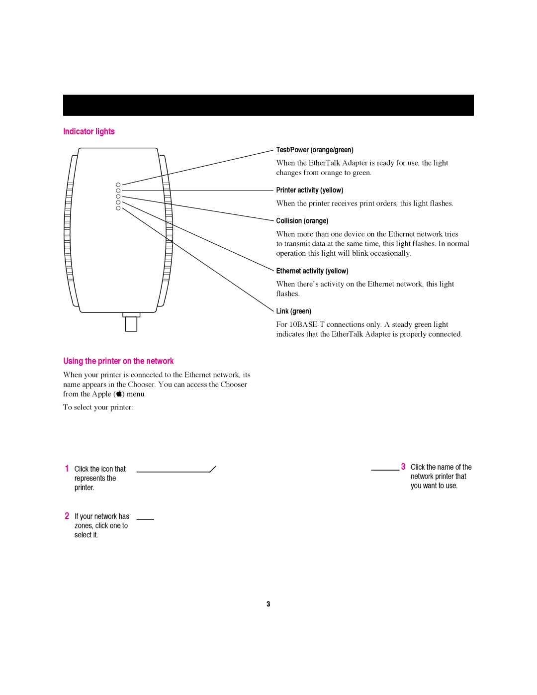 Apple EtherTalk Adapter, II, ZM030-8907-A manual Indicator lights, Using the printer on the network 