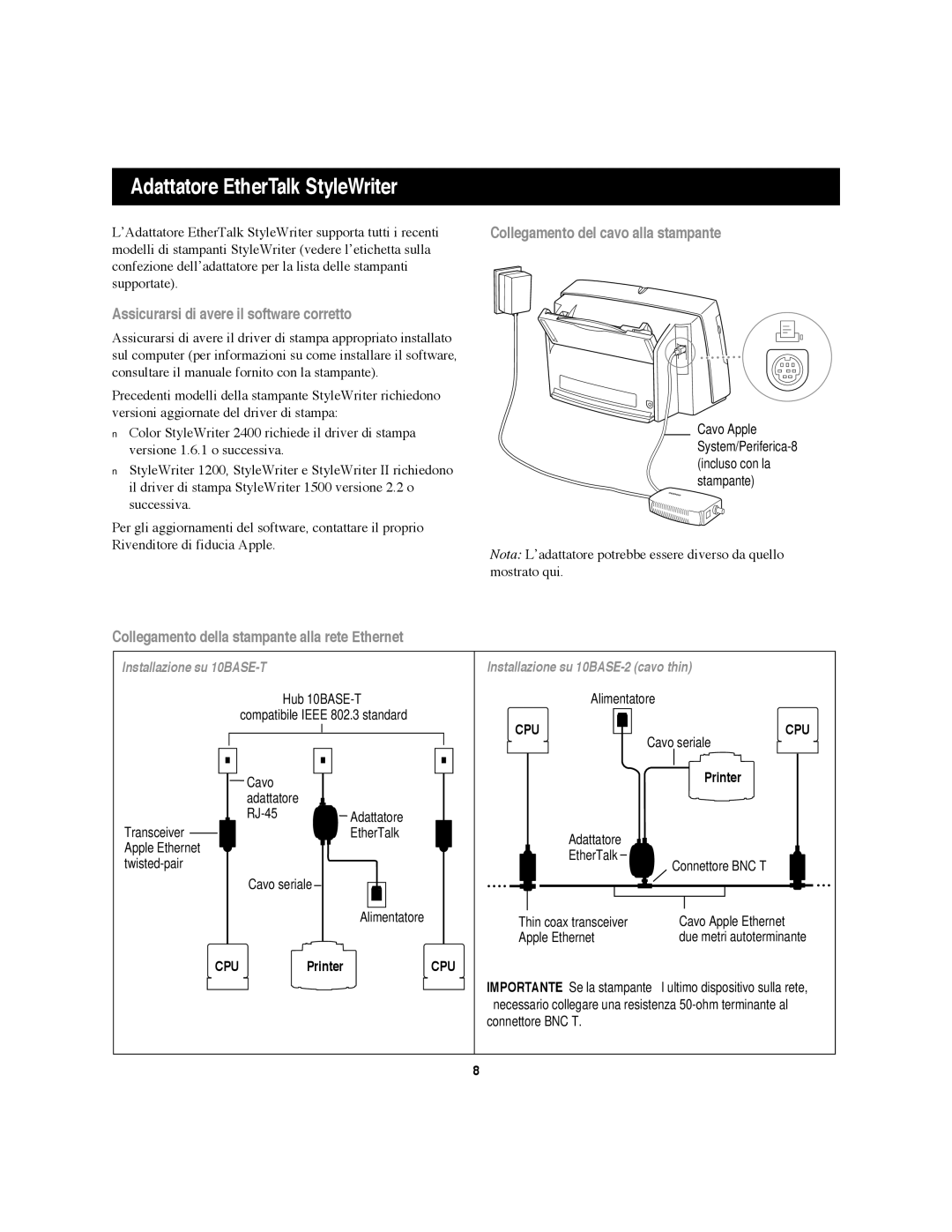 Apple II Adattatore EtherTalk StyleWriter, Assicurarsi di avere il software corretto, Collegamento del cavo alla stampante 