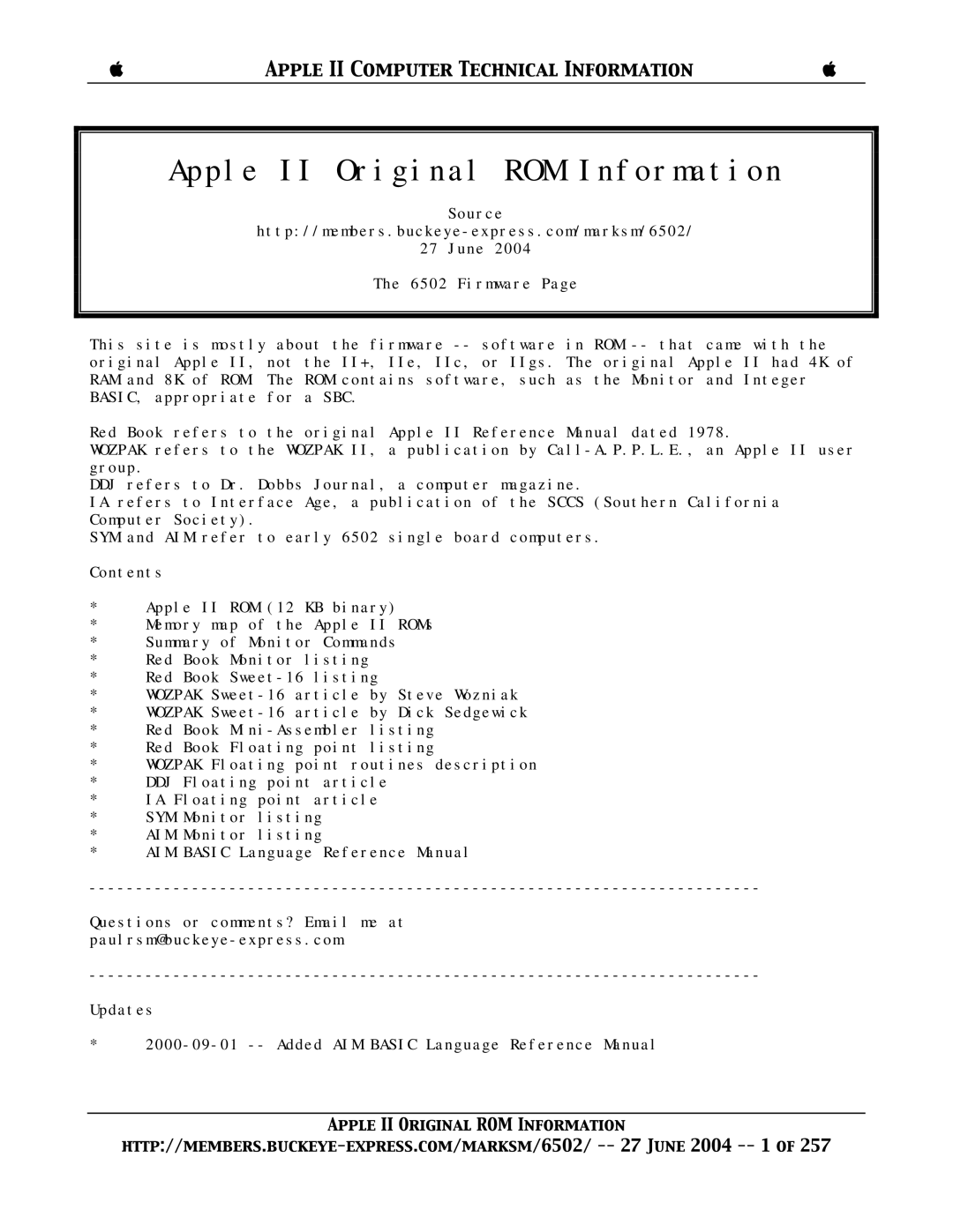 Apple manual Apple II Original ROM Information 