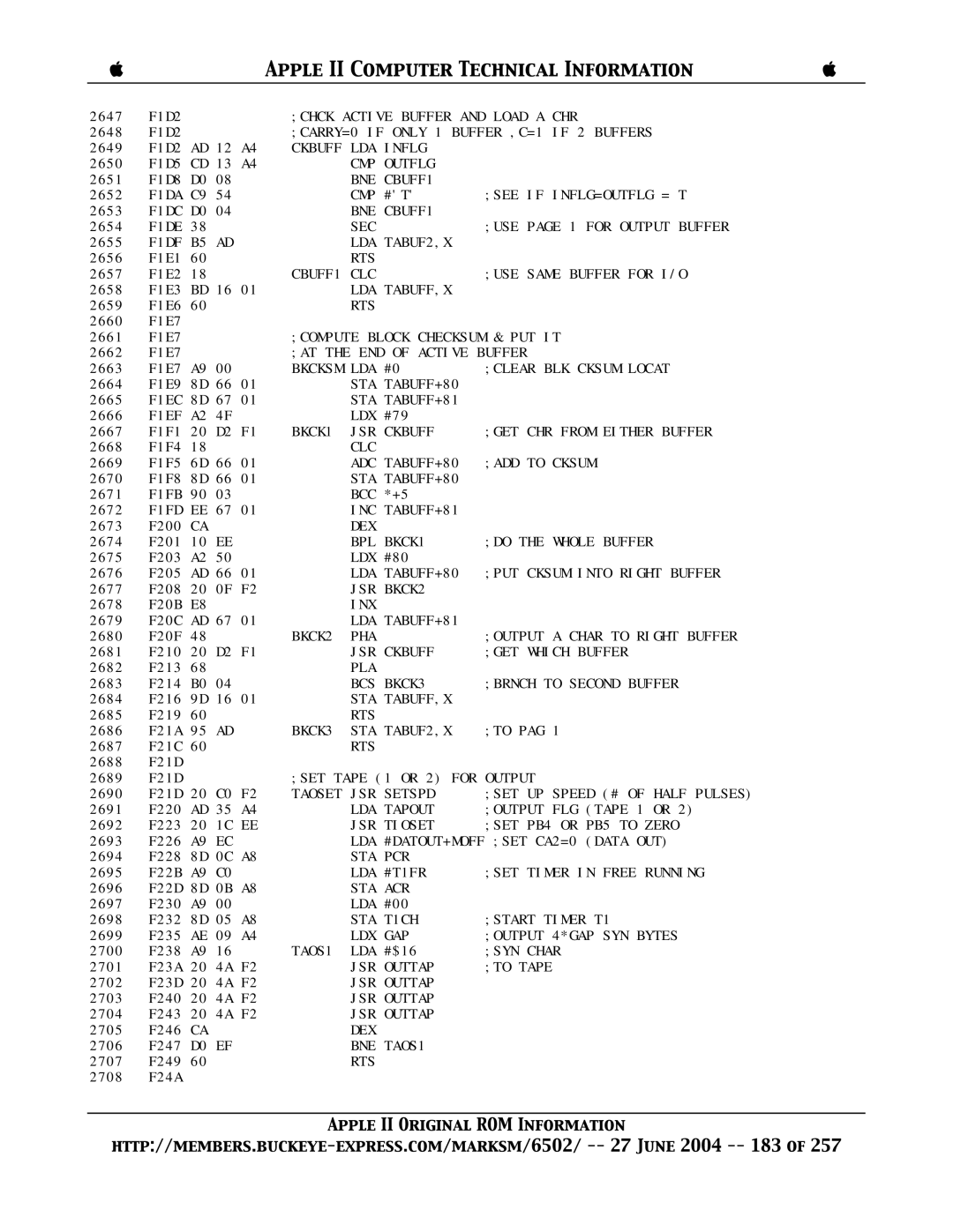 Apple II manual Ckbuff LDA, Bkcksm LDA 