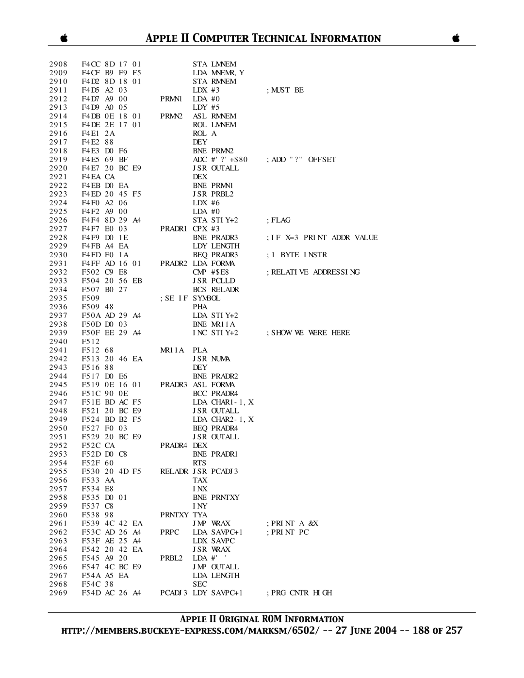 Apple II manual PRADR2 LDA, Pla, PRADR4 DEX 