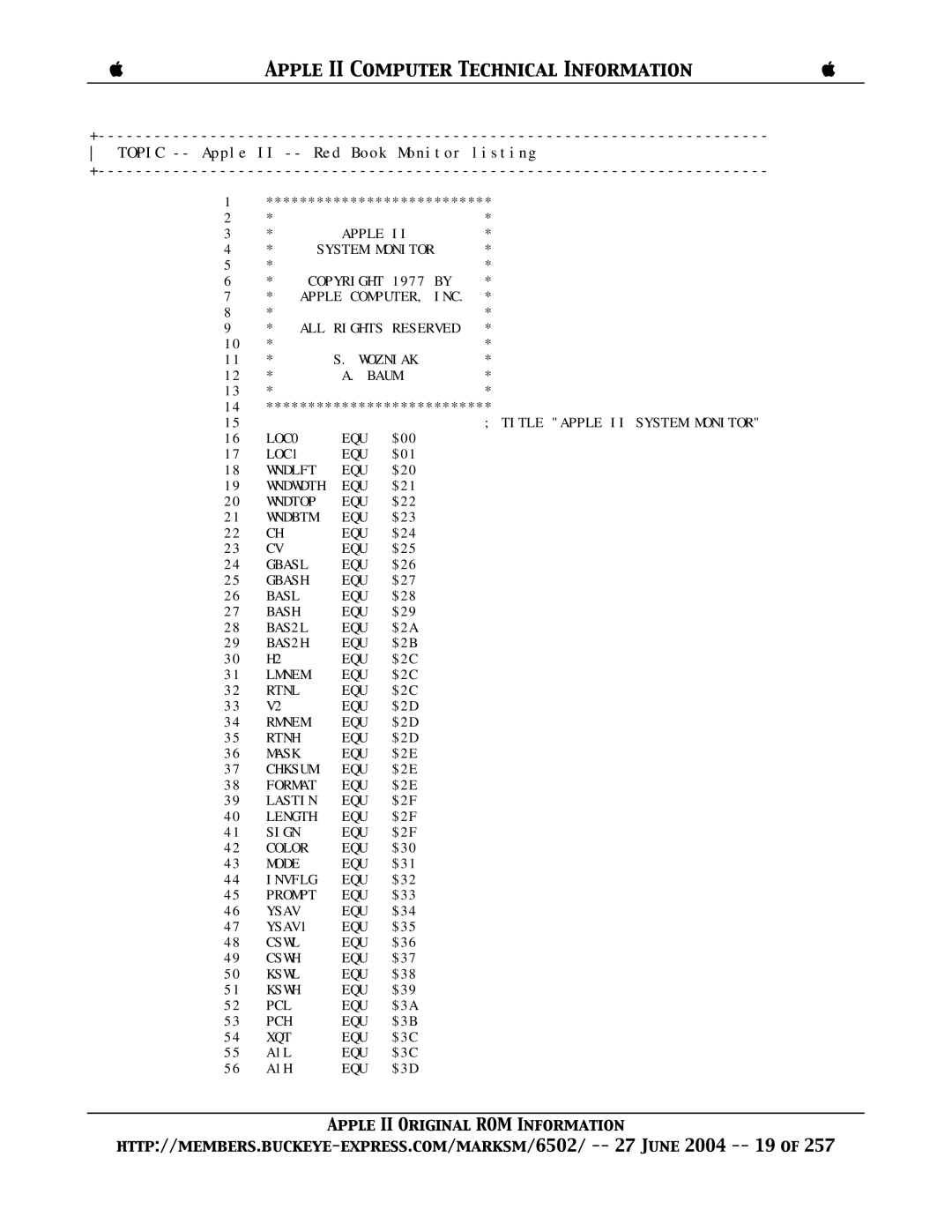 Apple II manual System Monitor Copyright, LOC0, LOC1, Basl, Bash, Lmnem, Rmnem, Invflg, Ysav 