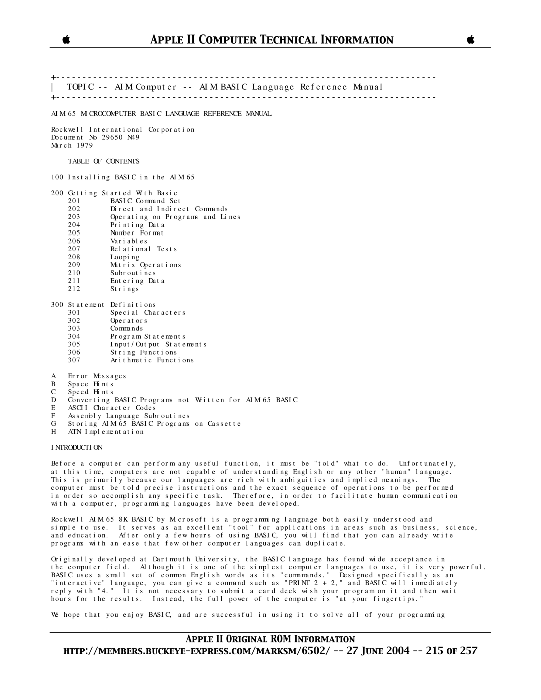 Apple II manual AIM 65 Microcomputer Basic Language Reference Manual, Table of Contents, Introduction 