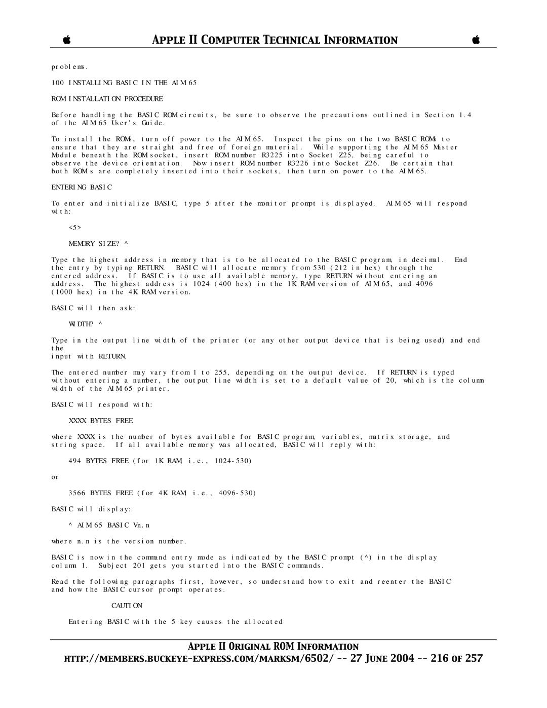 Apple II Installing Basic in the AIM ROM Installation Procedure, Entering Basic, Memory SIZE?, Width?, Xxxx Bytes Free 
