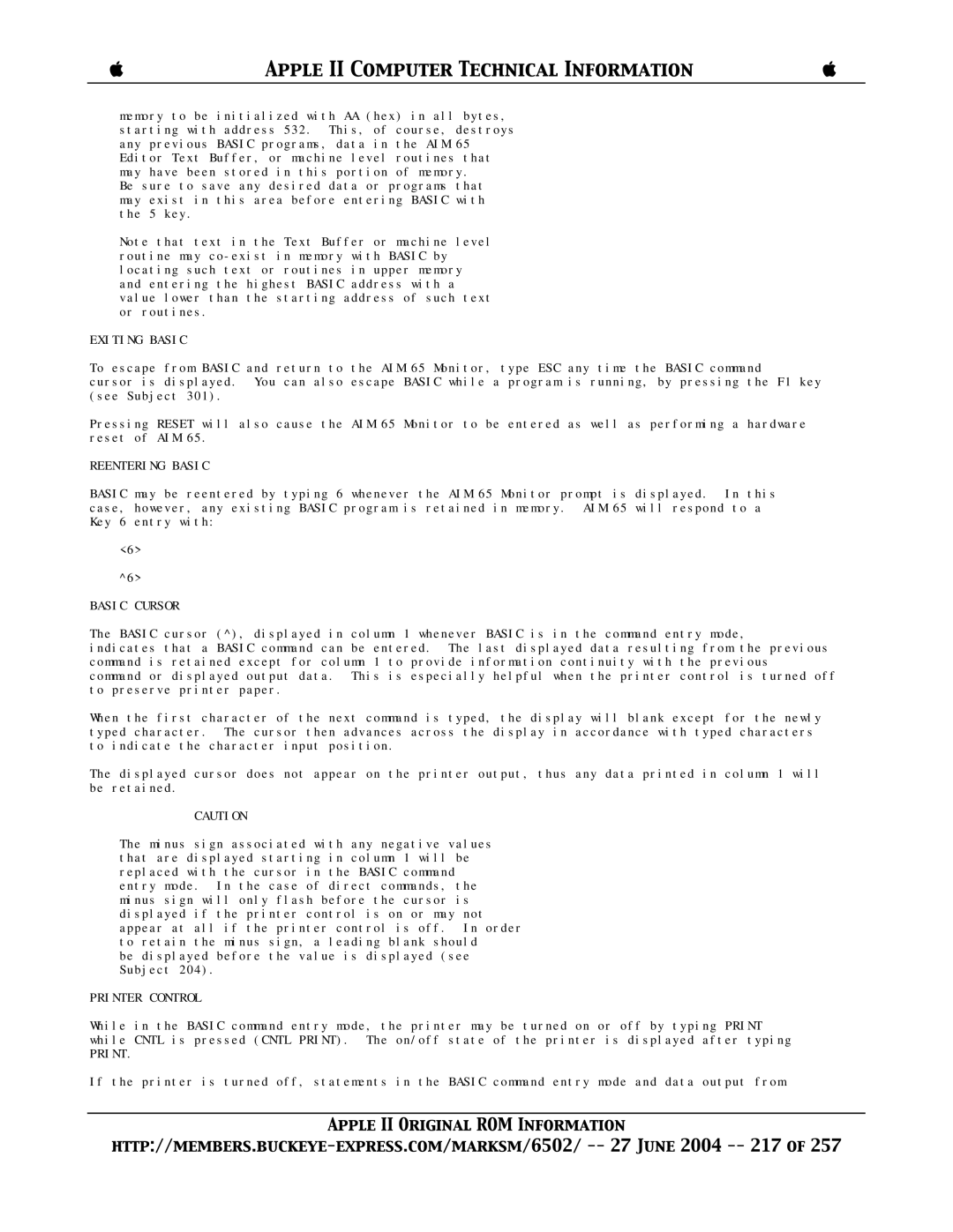 Apple II manual Exiting Basic, Reentering Basic, Basic Cursor, Printer Control 