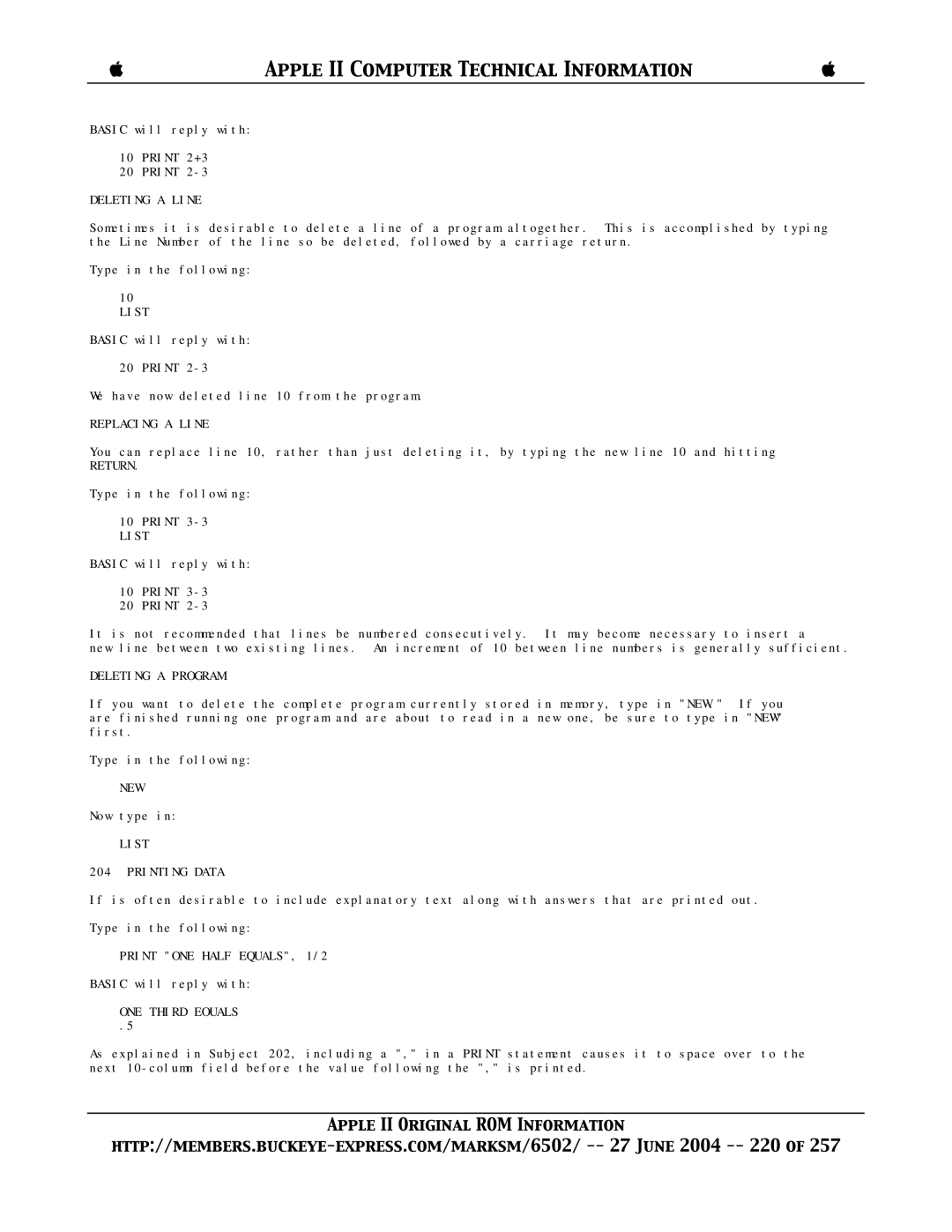 Apple II manual Deleting a Line, Replacing a Line, Deleting a Program, List Printing Data, Print ONE Half EQUALS, 1/2 