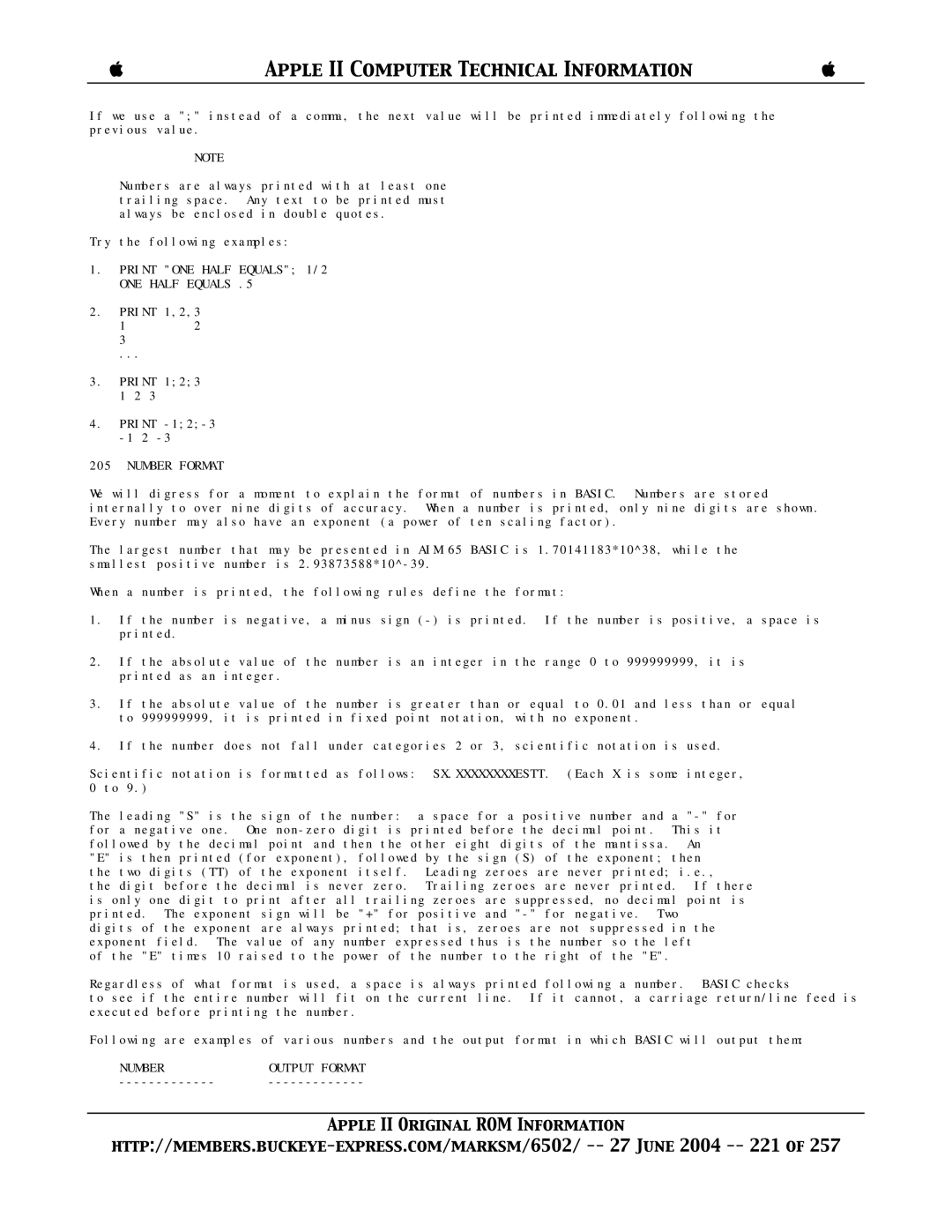 Apple II manual Print ONE Half Equals 1/2, Number Format, Number Output Format 