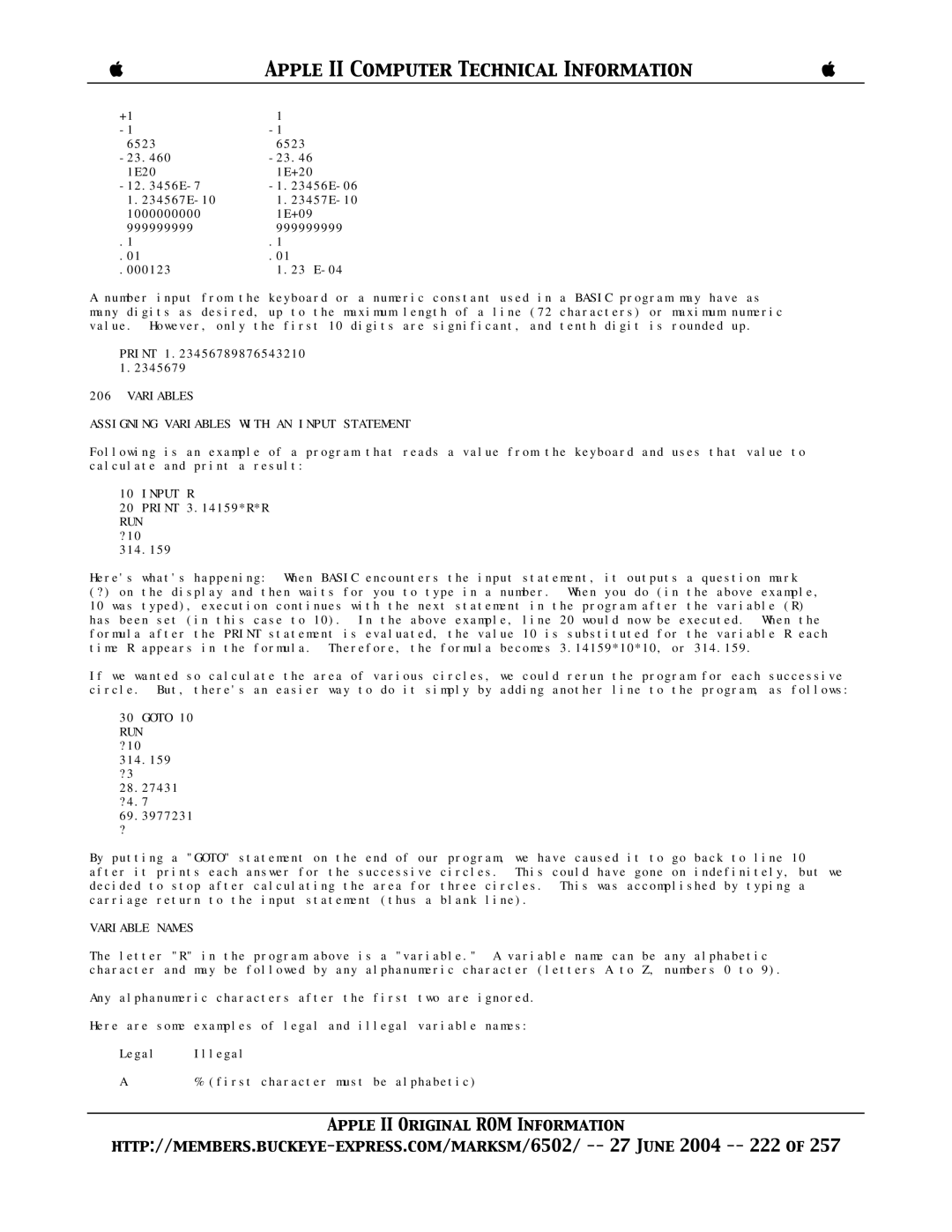 Apple II manual Variables Assigning Variables with AN Input Statement, Input R, Variable Names 