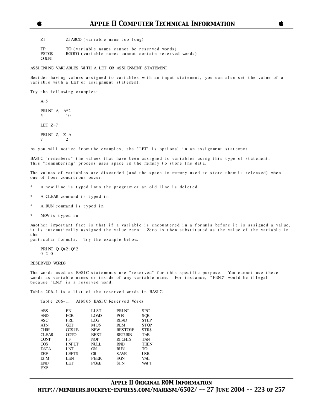 Apple II manual Pstg$, Print A, A*2 LET Z=7 Print Z, Z-A, Reserved Words 