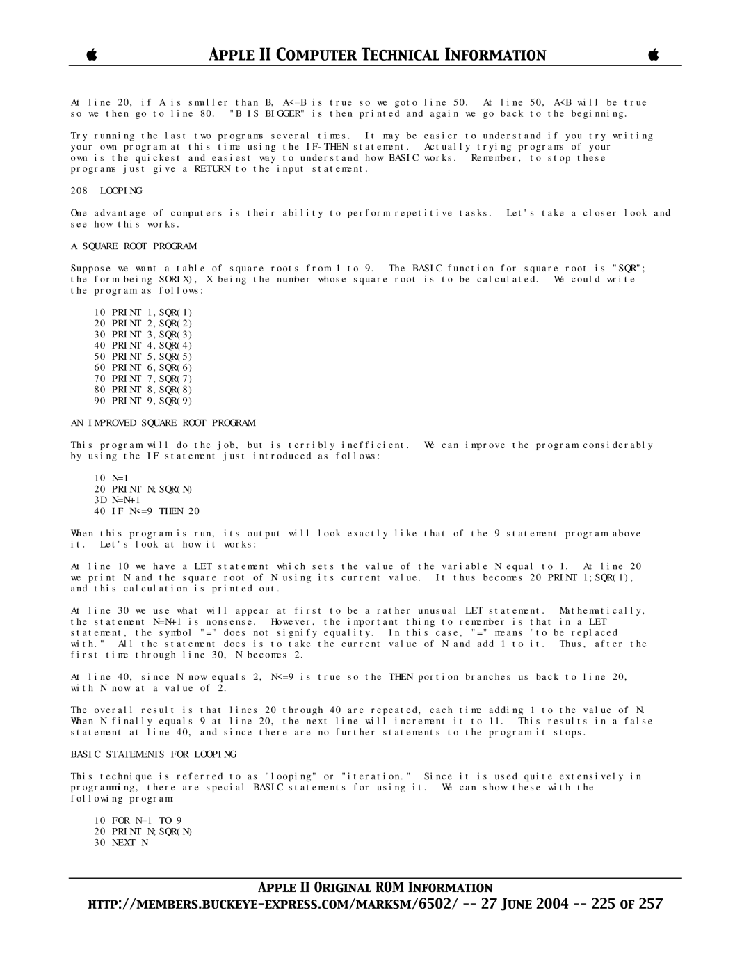 Apple II manual AN Improved Square Root Program, Print Nsqrn, Basic Statements for Looping, Next N 