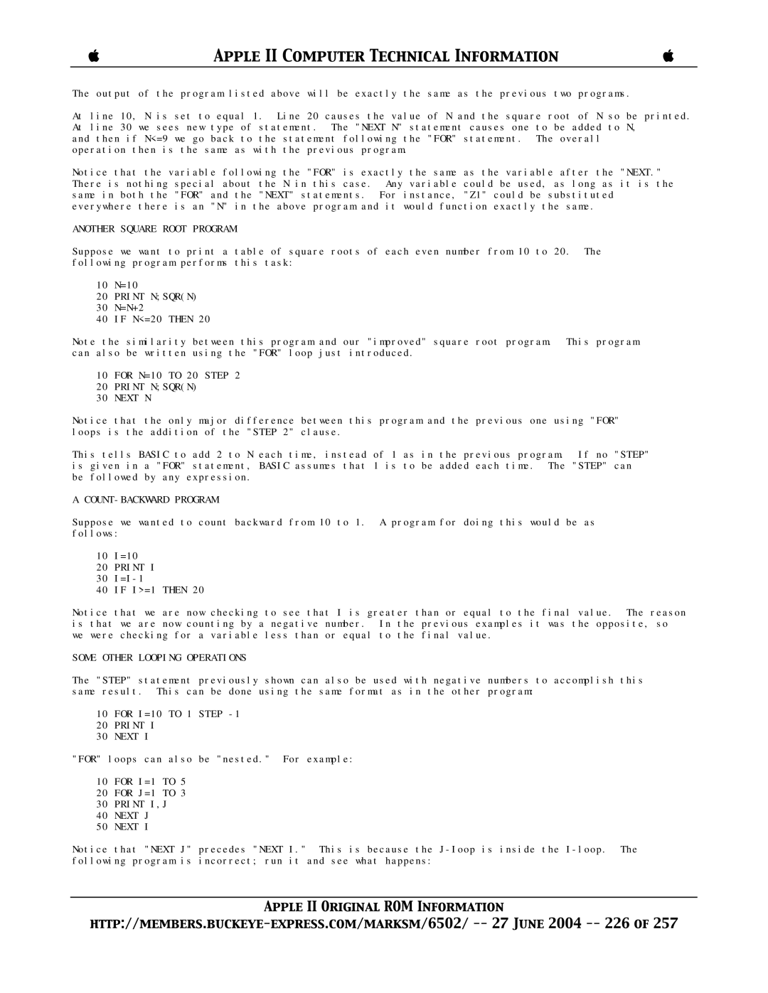 Apple II manual Another Square Root Program, Print Nsqrn Next N, COUNT-BACKWARD Program, Some Other Looping Operations 