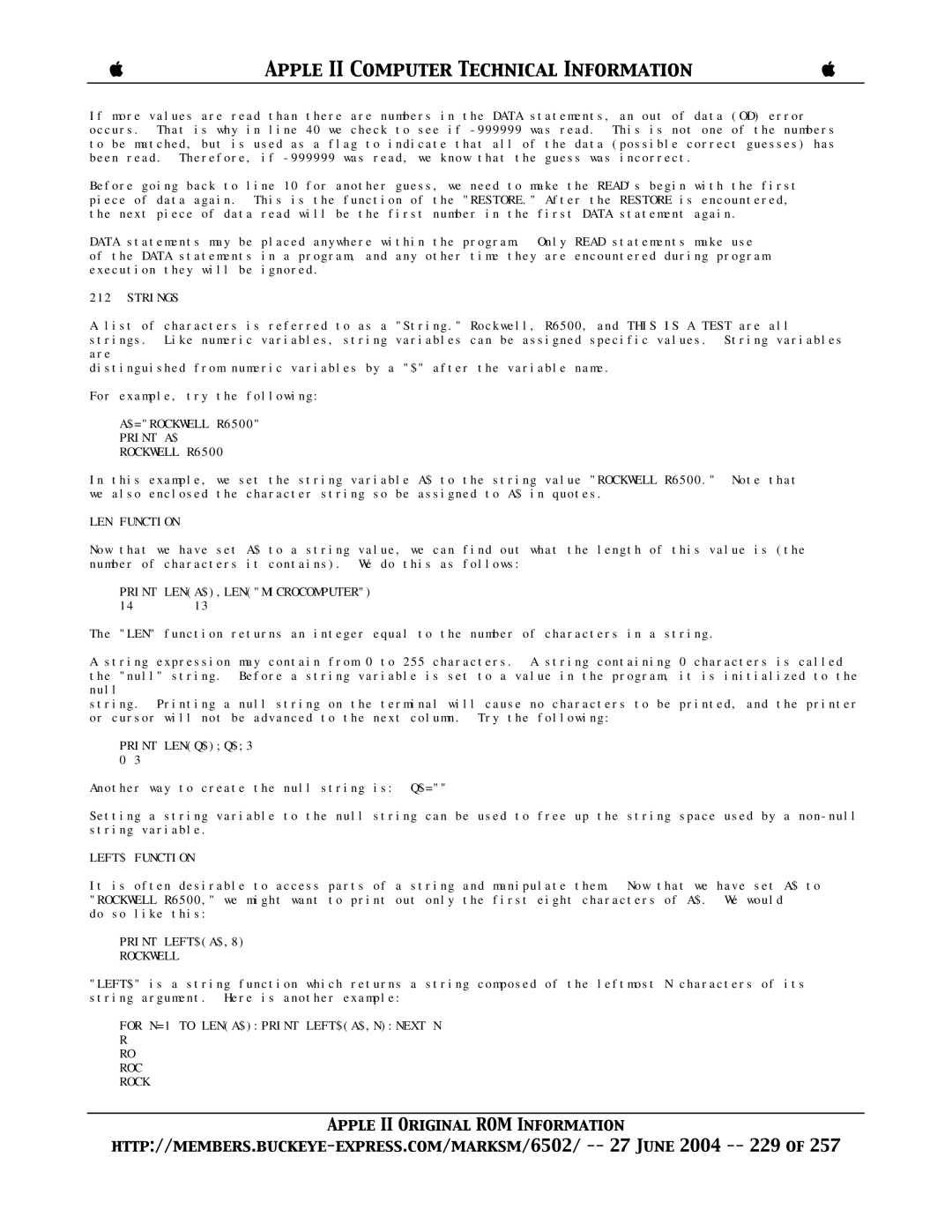 Apple II Strings, $=ROCKWELL R6500 Print A$ Rockwell R6500, LEN Function, Print LENA$,LENMICROCOMPUTER, LEFT$ Function 