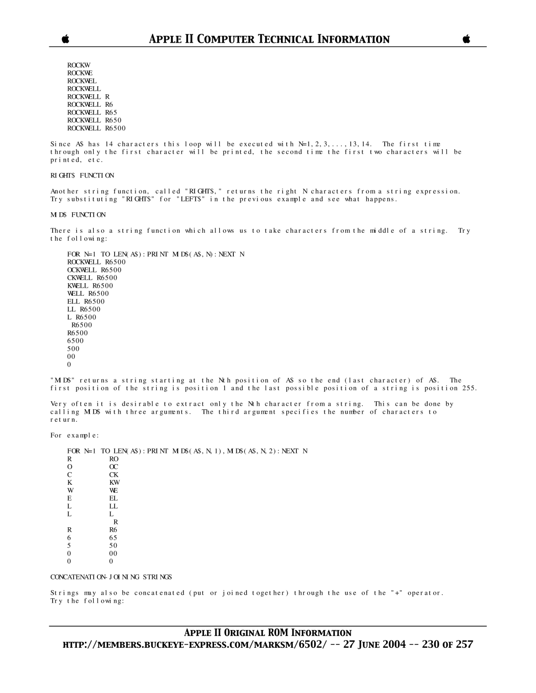 Apple II manual RIGHT$ Function, MID$ Function 