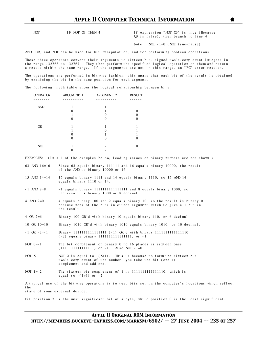 Apple II manual Not If not Q3 then, Operator Argument Result Not 