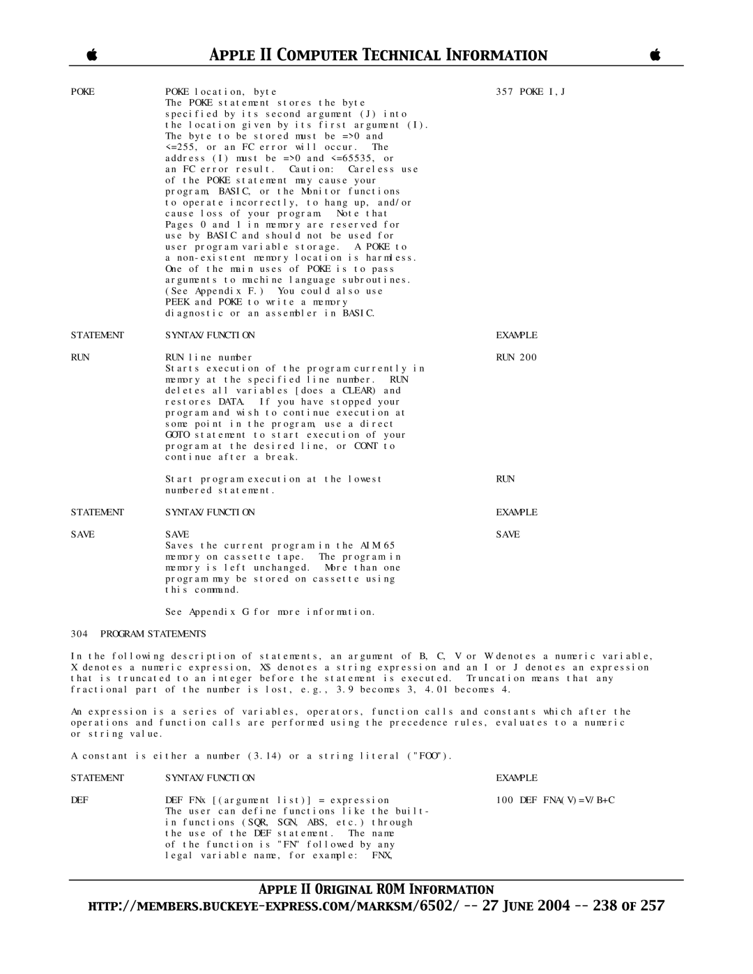 Apple II manual Statement SYNTAX/FUNCTION Example RUN, Statement SYNTAX/FUNCTION Example Save, Program Statements 