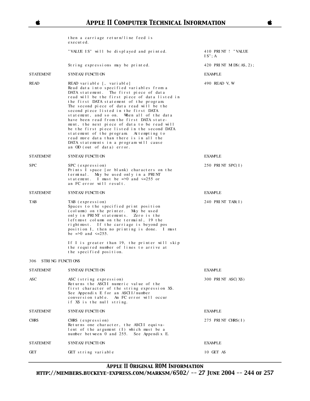 Apple II Statement SYNTAX/FUNCTION Read, Statement SYNTAX/FUNCTION SPC, Statement SYNTAX/FUNCTION TAB, Print ! Value ISA 