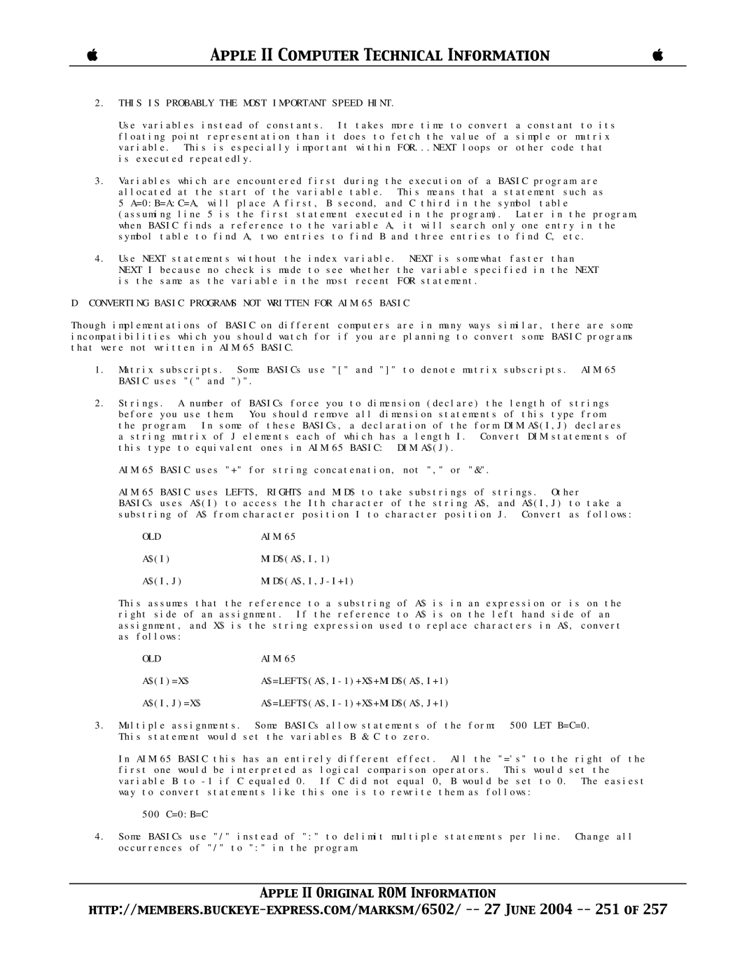 Apple II This is Probably the Most Important Speed Hint, Converting Basic Programs not Written for AIM 65 Basic, Old Aim 