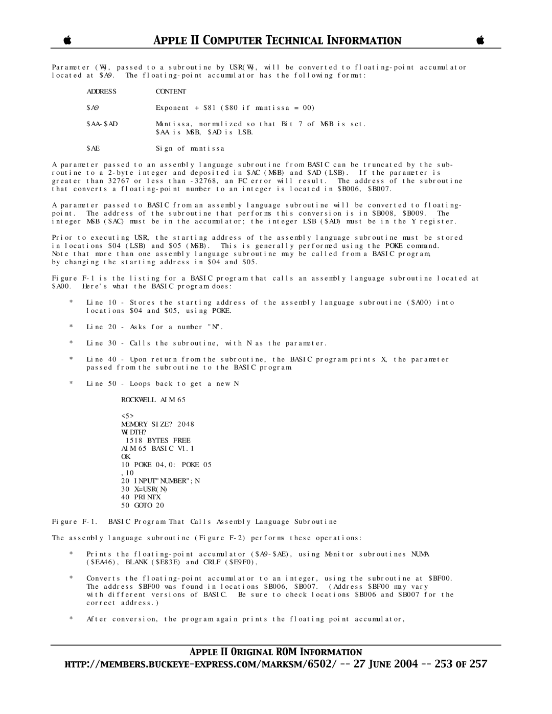 Apple II manual Address Content, $Ae, Inputnumbern, Printx 