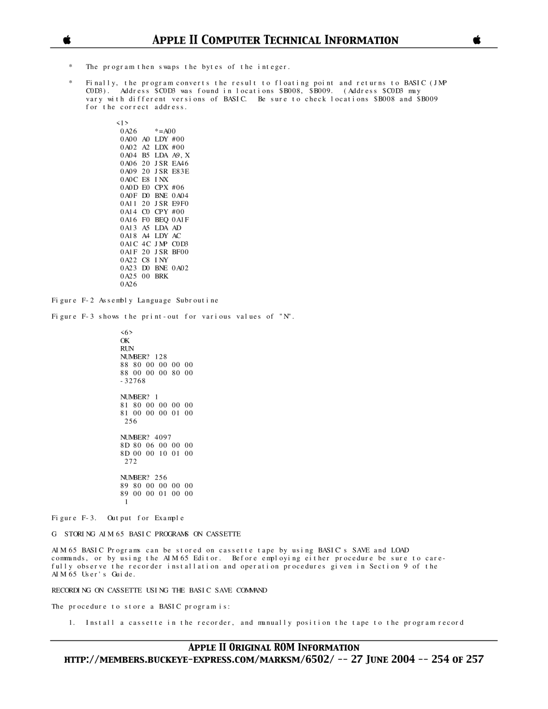 Apple II manual Run Number?, Storing AIM 65 Basic Programs on Cassette, Recording on Cassette Using the Basic Save Command 