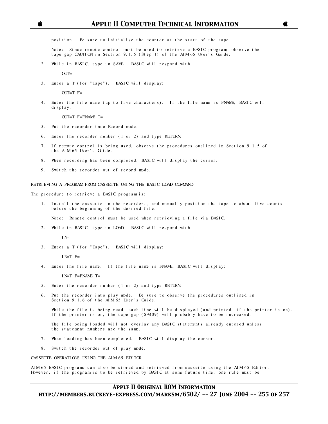 Apple II manual Out=T F=Fname T=, In=, Cassette Operations Using the AIM 65 Editor 