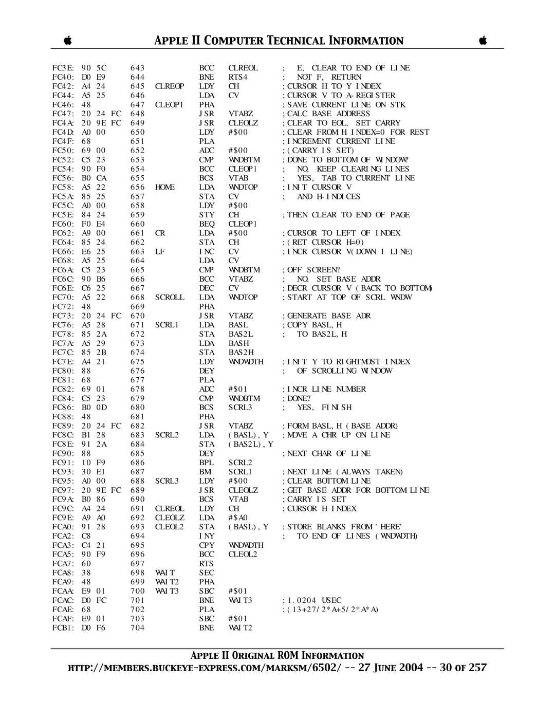 Apple II manual BCC Clreol Clear to END of Line 