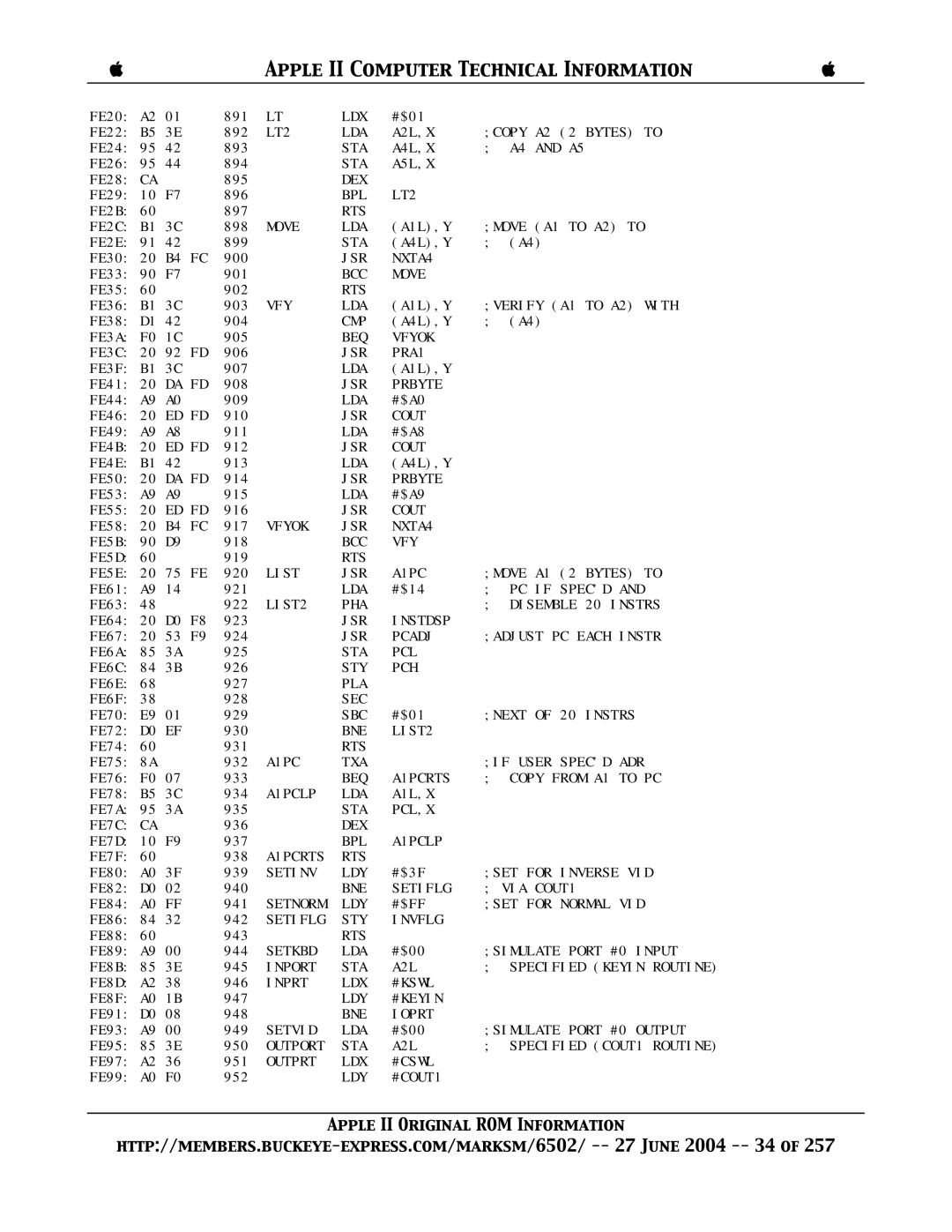 Apple II manual LT2 LDA A2L,X Copy A2 2 Bytes to 