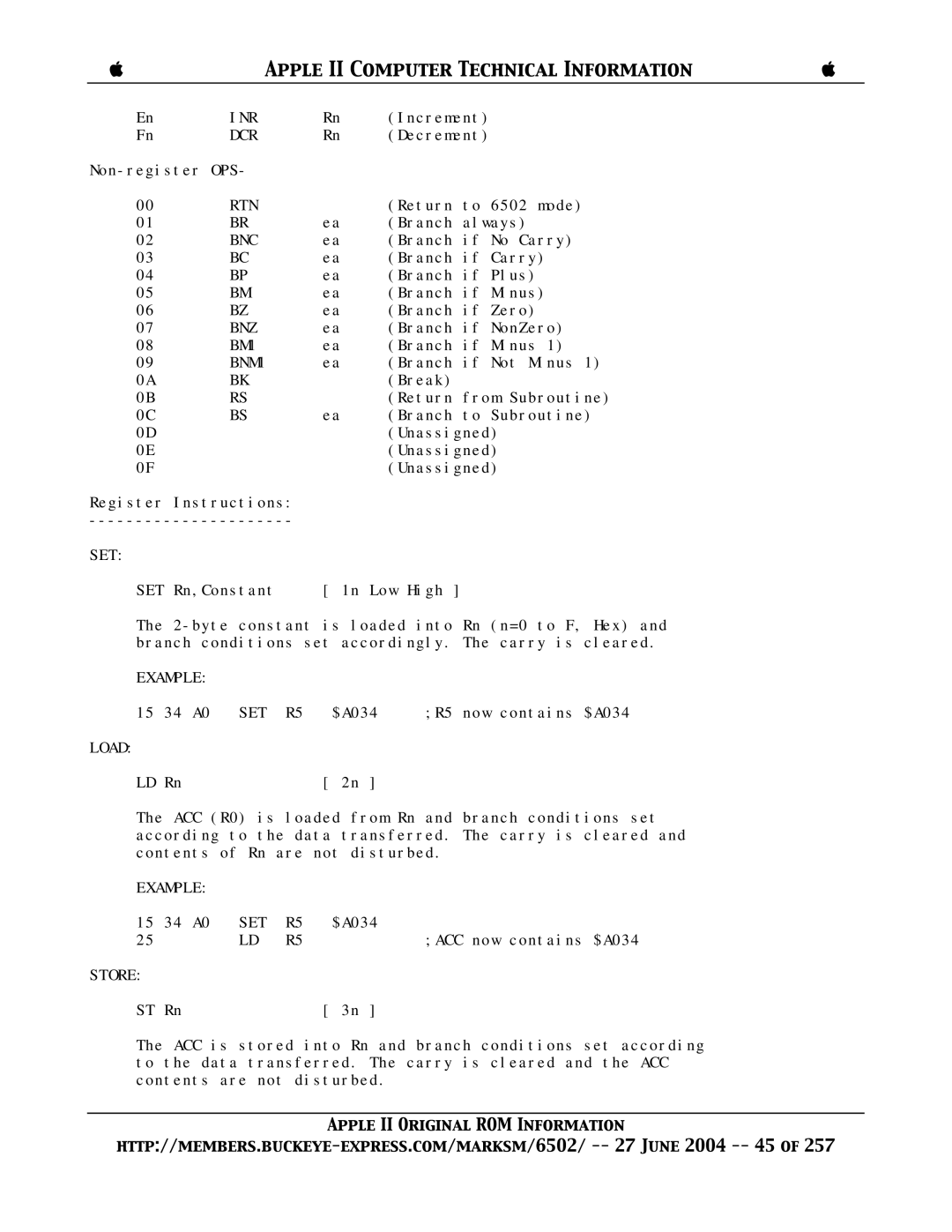 Apple II manual Inr, Bnc, Bnz, BM1, BNM1, Example SET R5, Load, Store 