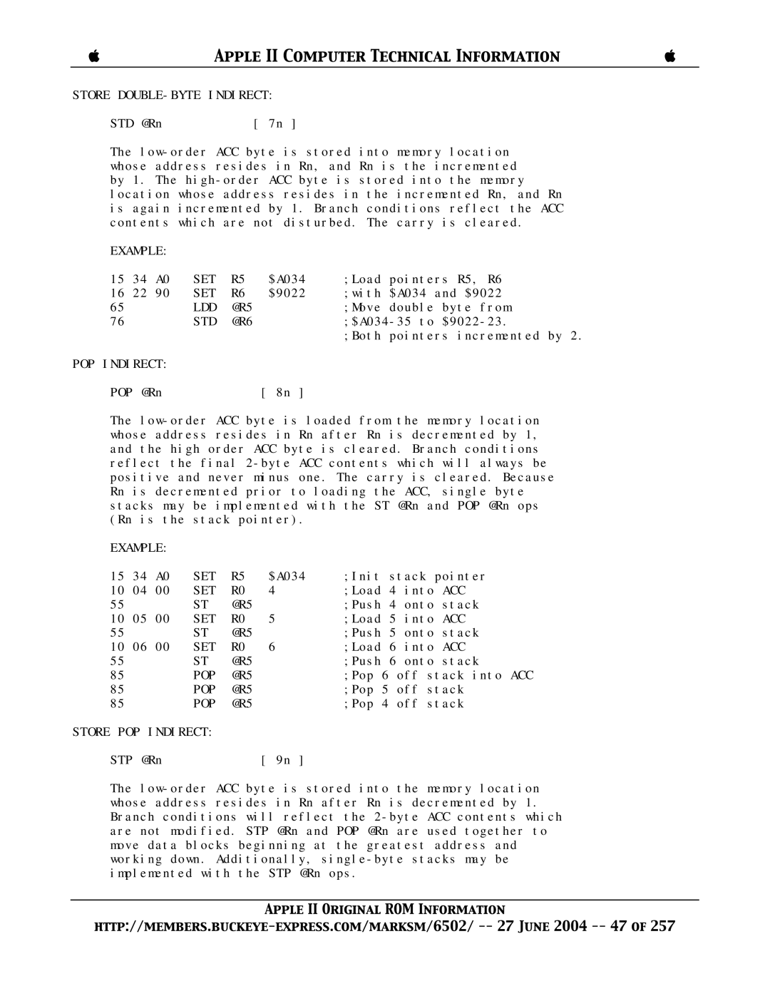 Apple II manual Store DOUBLE-BYTE Indirect, Store POP Indirect 