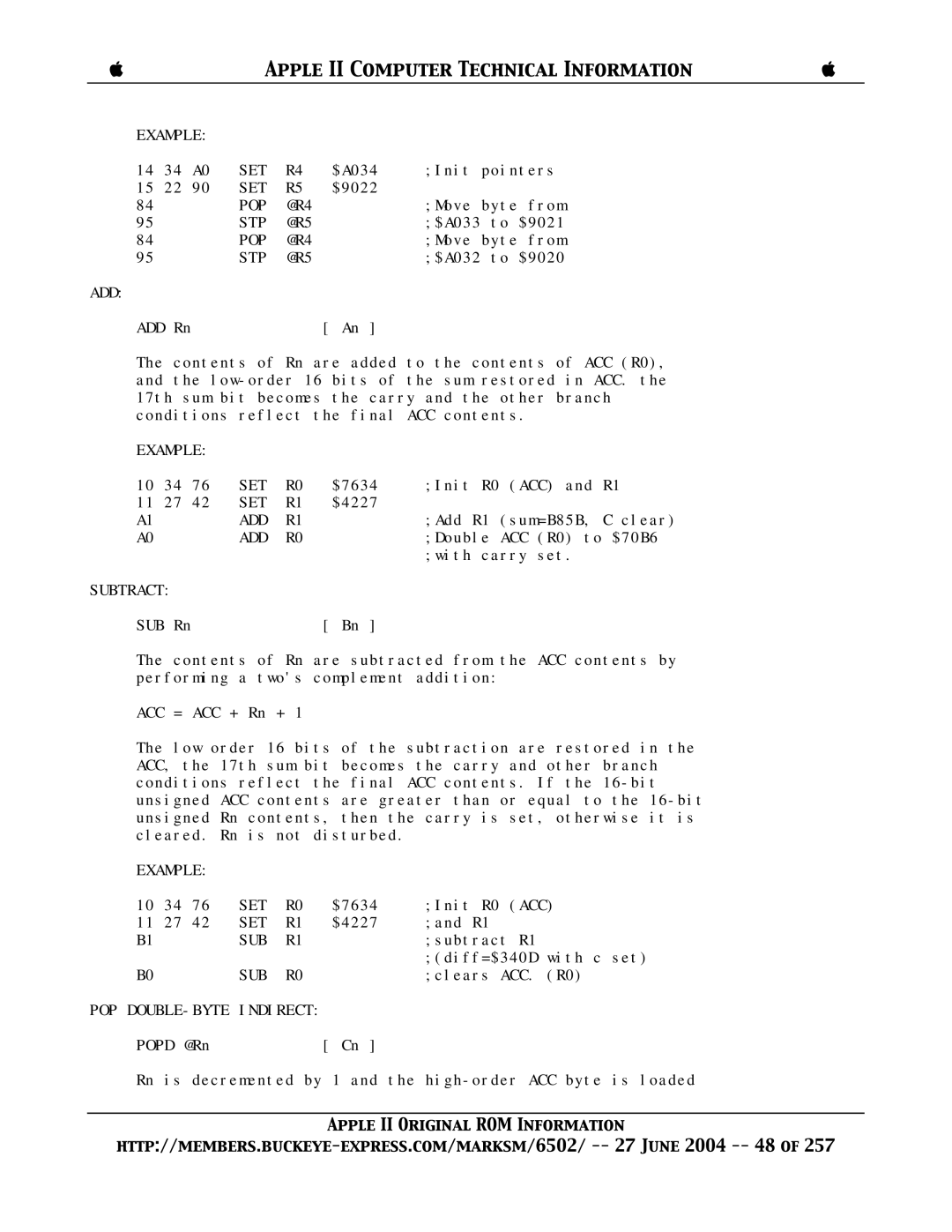 Apple II manual Acc, Subtract, POP DOUBLE-BYTE Indirect 