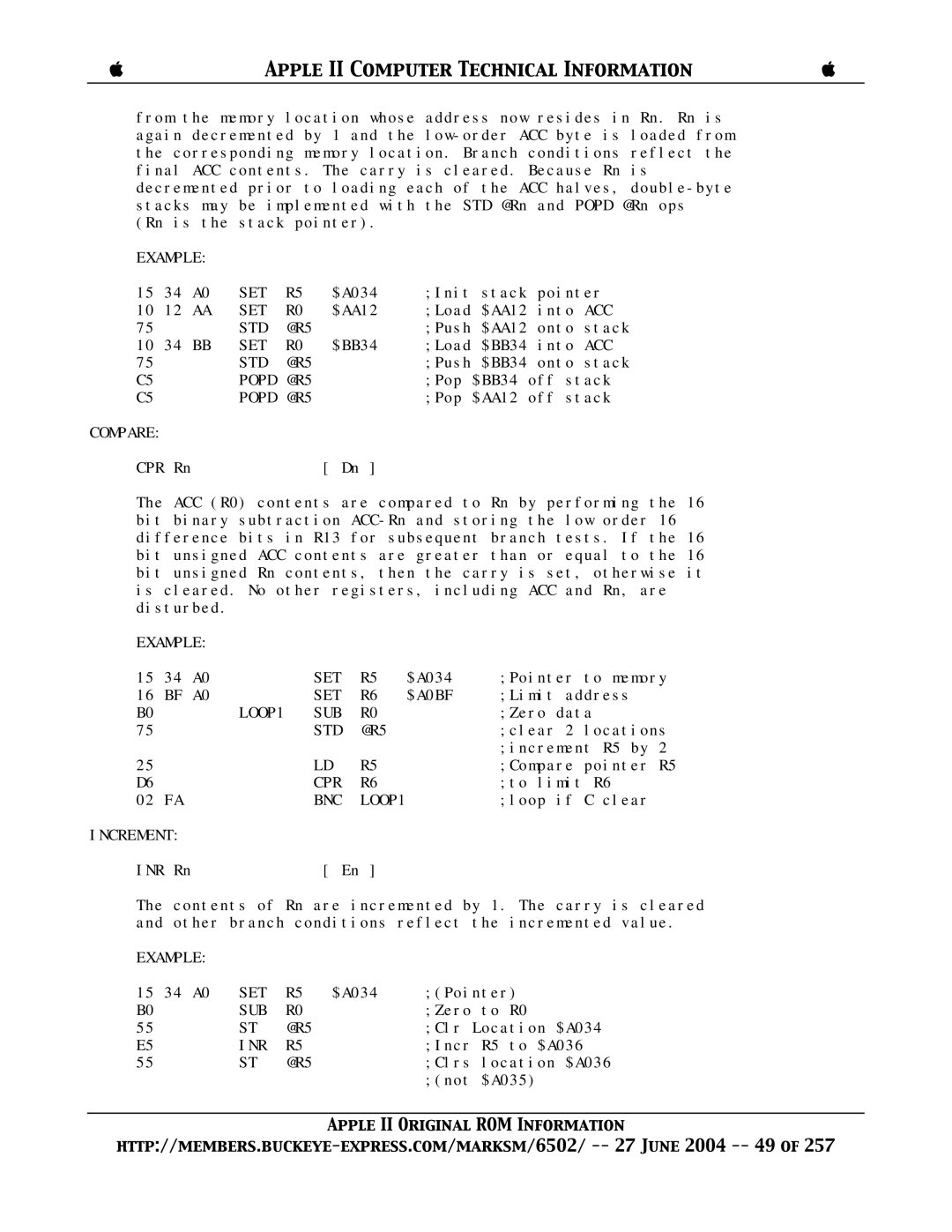 Apple II manual Compare, BF A0 SET $A0BF, LOOP1 SUB, BNC LOOP1, Increment 