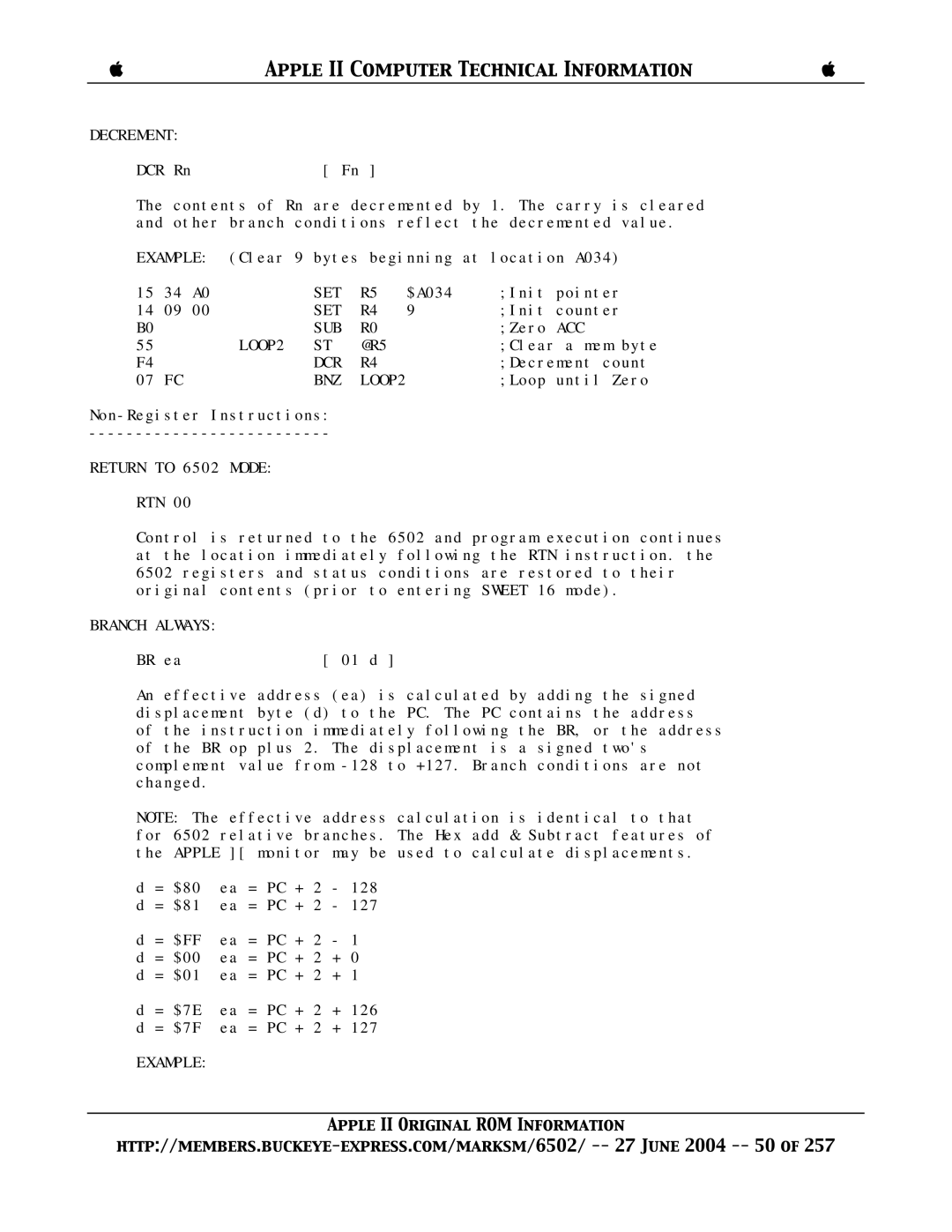 Apple II manual Decrement, BNZ LOOP2, Return to 6502 Mode, Branch Always 